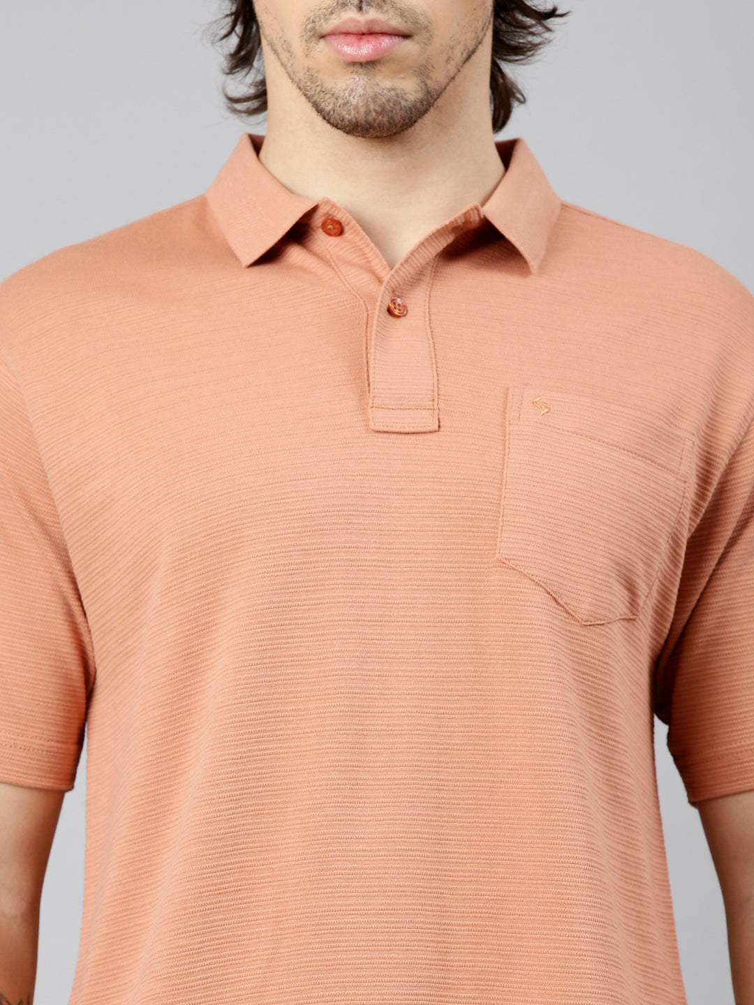 Classic Polo Men's Half Sleeve Dark Peach Polo Neck Authentic Fit Textured Solid Cotton T-Shirt | REGAL - 20 B AF P