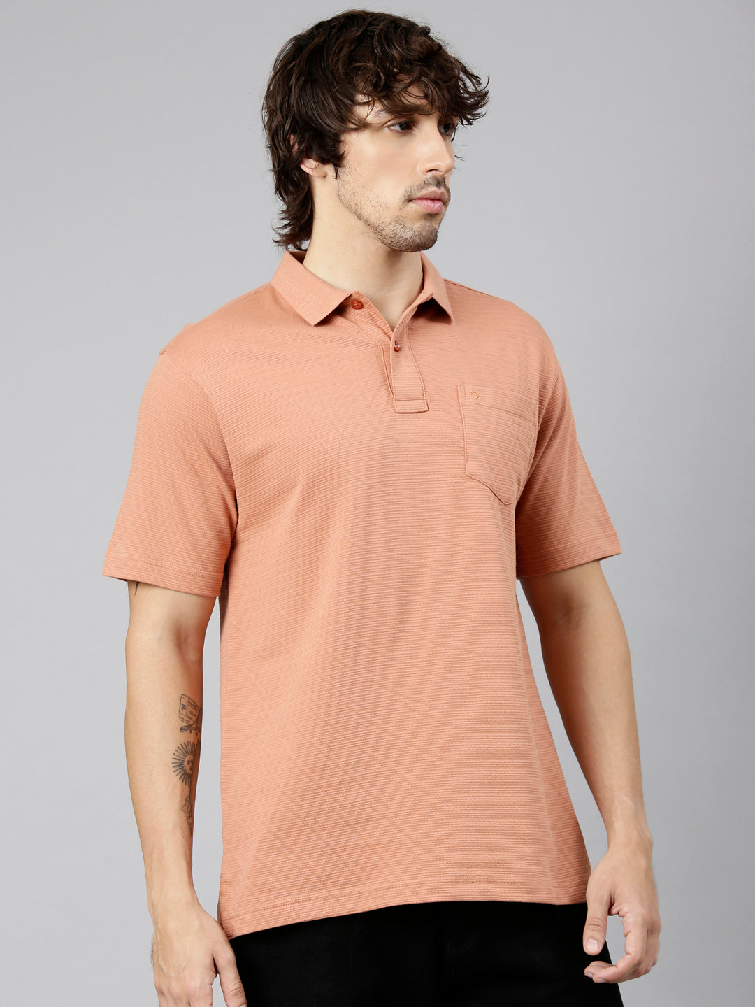 Classic Polo Men's Half Sleeve Dark Peach Polo Neck Authentic Fit Textured Solid Cotton T-Shirt | REGAL - 20 B AF P