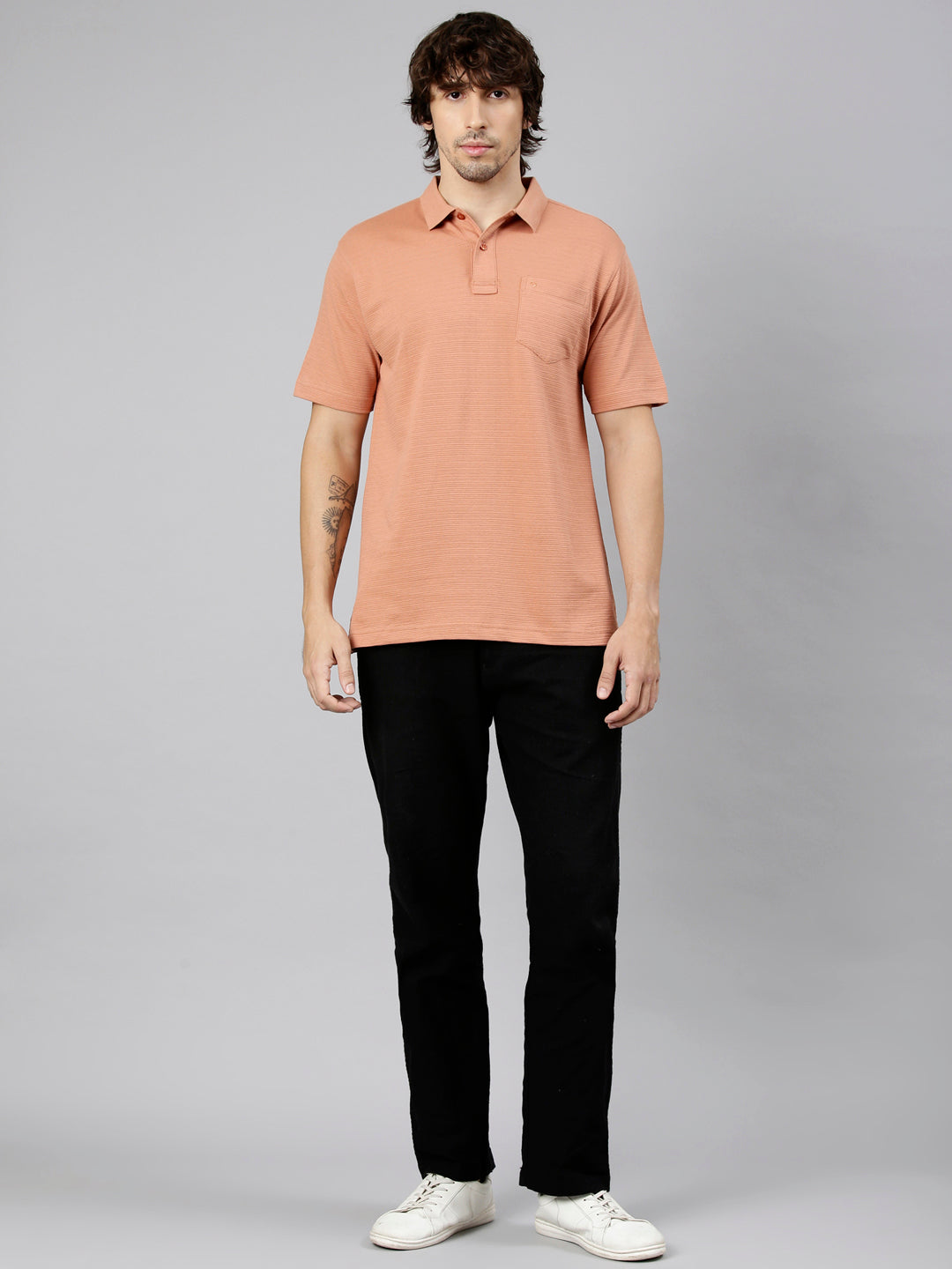Classic Polo Men's Half Sleeve Dark Peach Polo Neck Authentic Fit Textured Solid Cotton T-Shirt | REGAL - 20 B AF P
