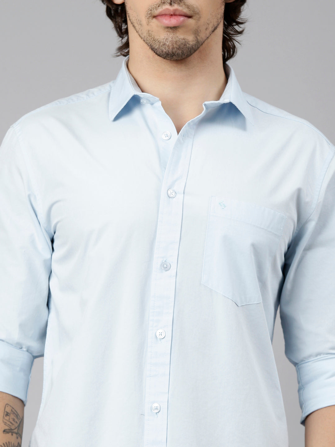 Classic Polo Men's Full Sleeve Light Blue Polo Neck Slim Fit Solid Cotton Casual Shirt | SR1-EL-16 E-FS-SLD-SF