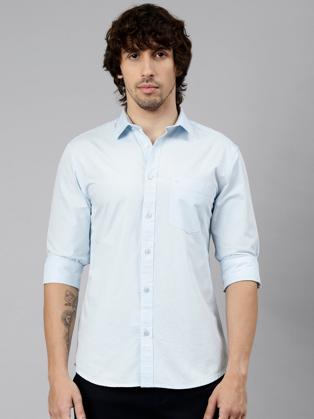 Classic Polo Men's Full Sleeve Light Blue Polo Neck Slim Fit Solid Cotton Casual Shirt | SR1-EL-16 E-FS-SLD-SF
