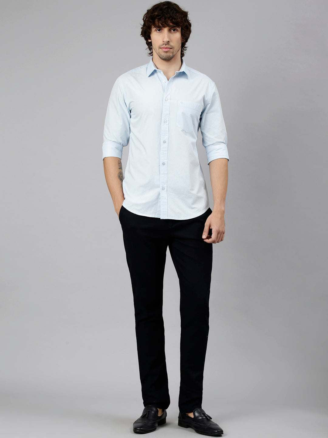 Classic Polo Men's Full Sleeve Light Blue Polo Neck Slim Fit Solid Cotton Casual Shirt | SR1-EL-16 E-FS-SLD-SF