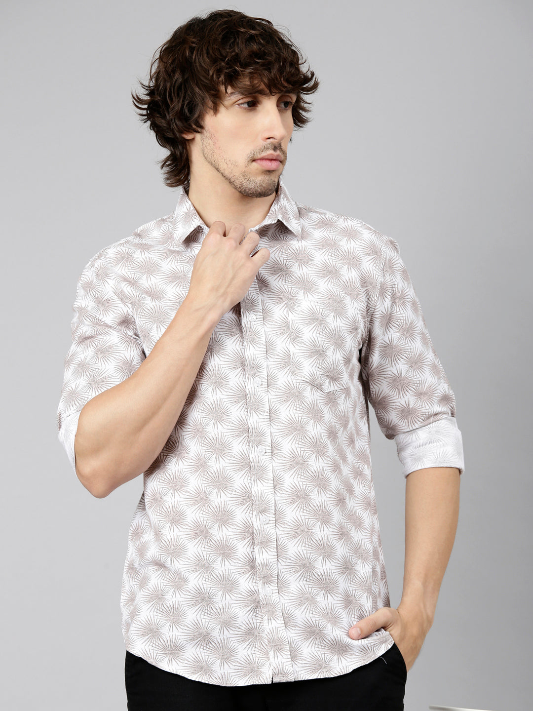 Classic Polo Men's Full Sleeve White Polo Neck Slim Fit Printed Cotton Casual Shirt | SS1-CL-51 A-FS-PRT-SF