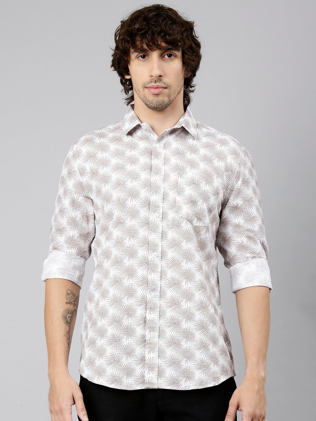 Classic Polo Men's Full Sleeve White Polo Neck Slim Fit Printed Cotton Casual Shirt | SS1-CL-51 A-FS-PRT-SF
