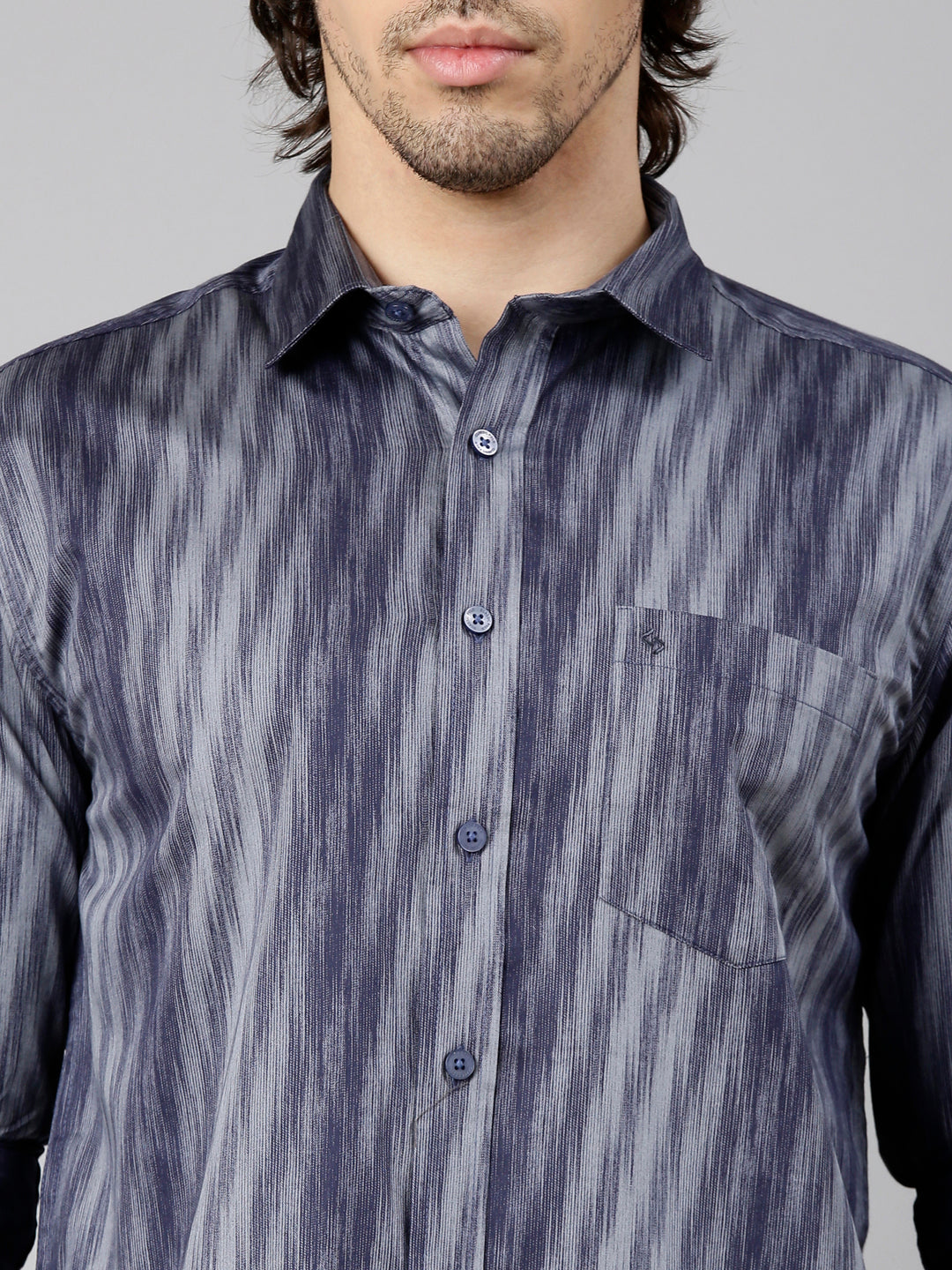 Classic Polo Men's Full Sleeve Navy Blue Polo Neck Slim Fit Printed Cotton Casual Shirt | SS1-EL-14 B-FS-PRT-SF