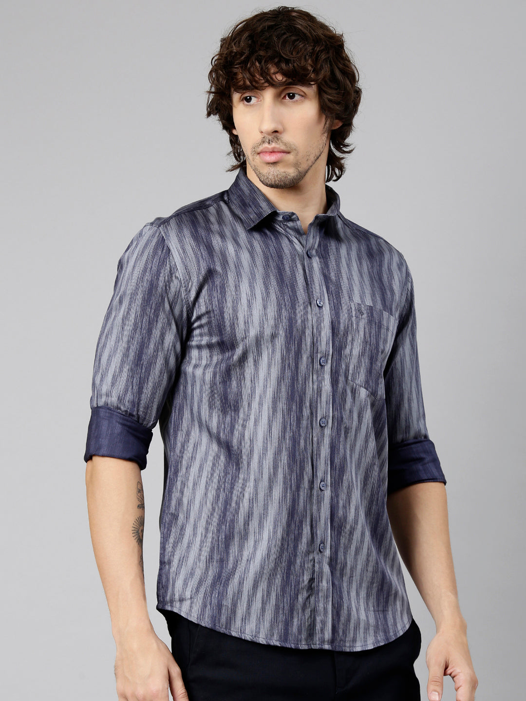 Classic Polo Men's Full Sleeve Navy Blue Polo Neck Slim Fit Printed Cotton Casual Shirt | SS1-EL-14 B-FS-PRT-SF