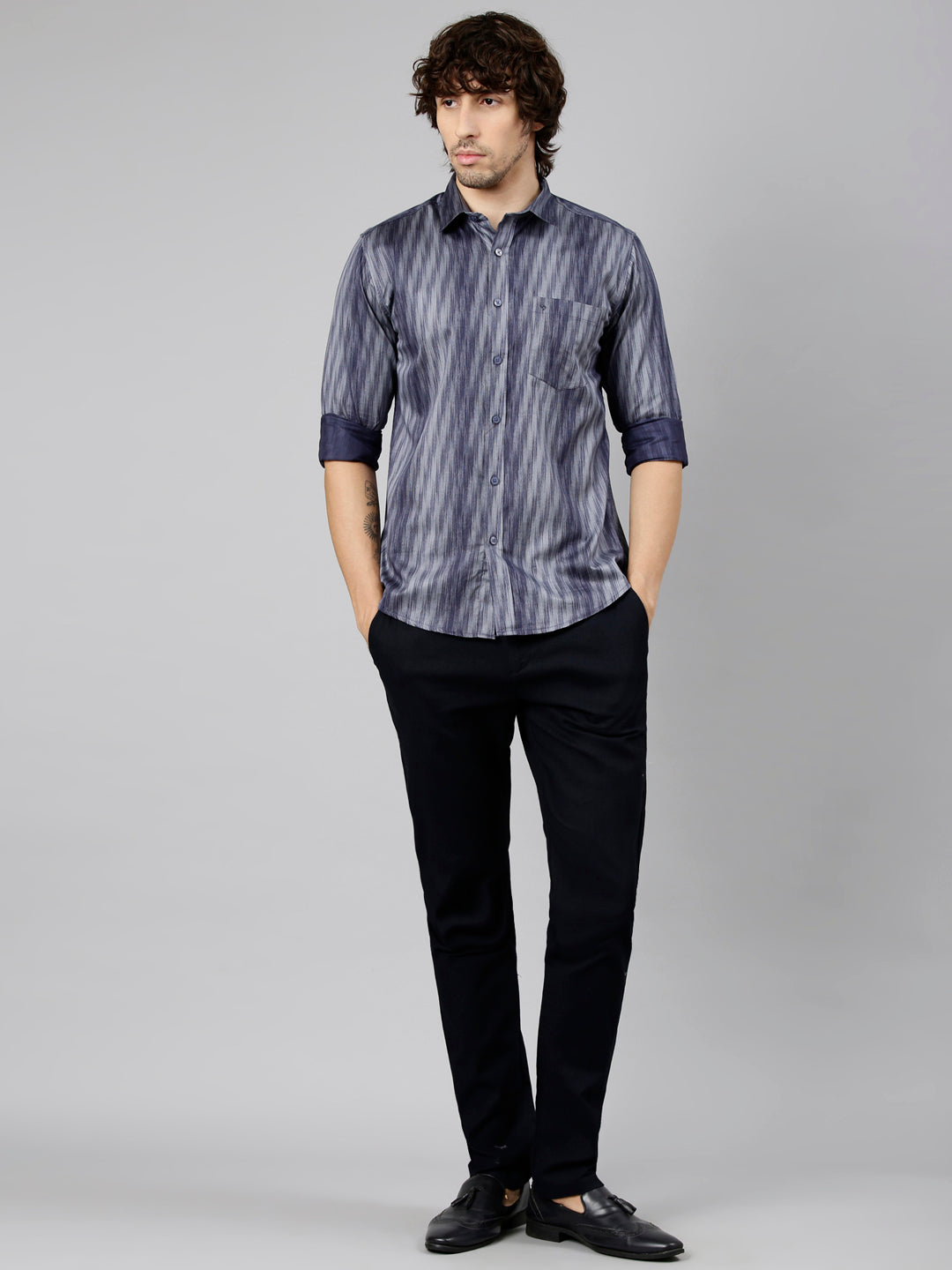 Classic Polo Men's Full Sleeve Navy Blue Polo Neck Slim Fit Printed Cotton Casual Shirt | SS1-EL-14 B-FS-PRT-SF