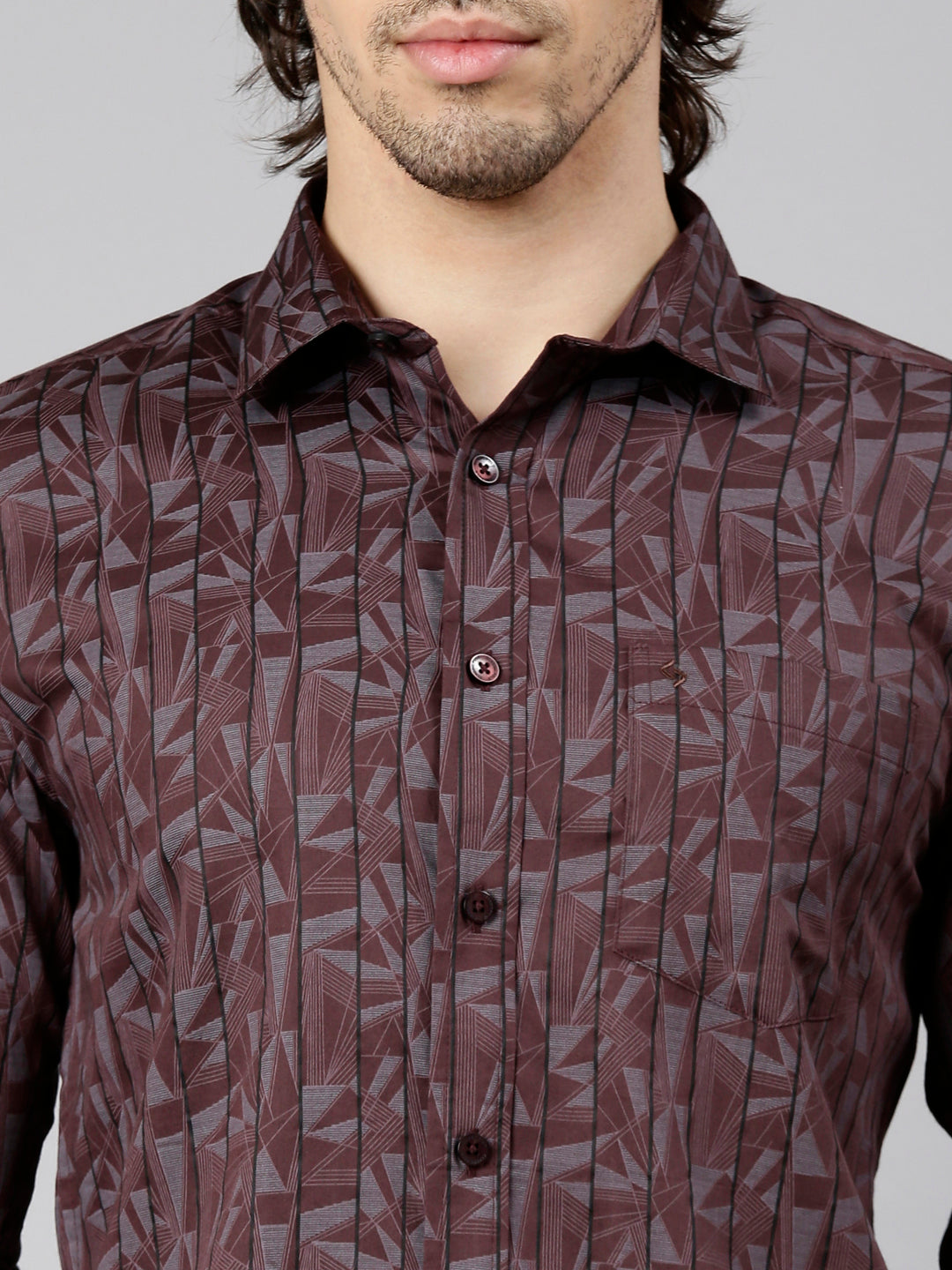 Classic Polo Men's Full Sleeve Burgundy Polo Neck Slim Fit Printed Cotton Casual Shirt | SS1-EL-25 A-FS-PRT-SF