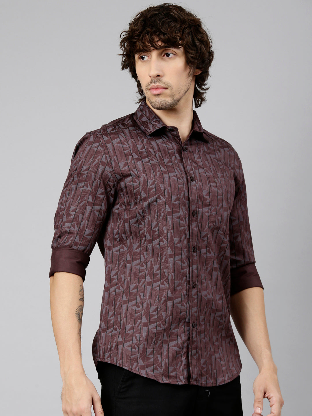 Classic Polo Men's Full Sleeve Burgundy Polo Neck Slim Fit Printed Cotton Casual Shirt | SS1-EL-25 A-FS-PRT-SF