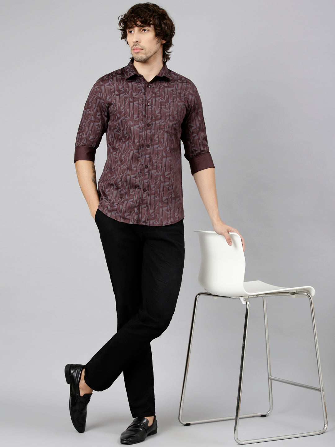 Classic Polo Men's Full Sleeve Burgundy Polo Neck Slim Fit Printed Cotton Casual Shirt | SS1-EL-25 A-FS-PRT-SF
