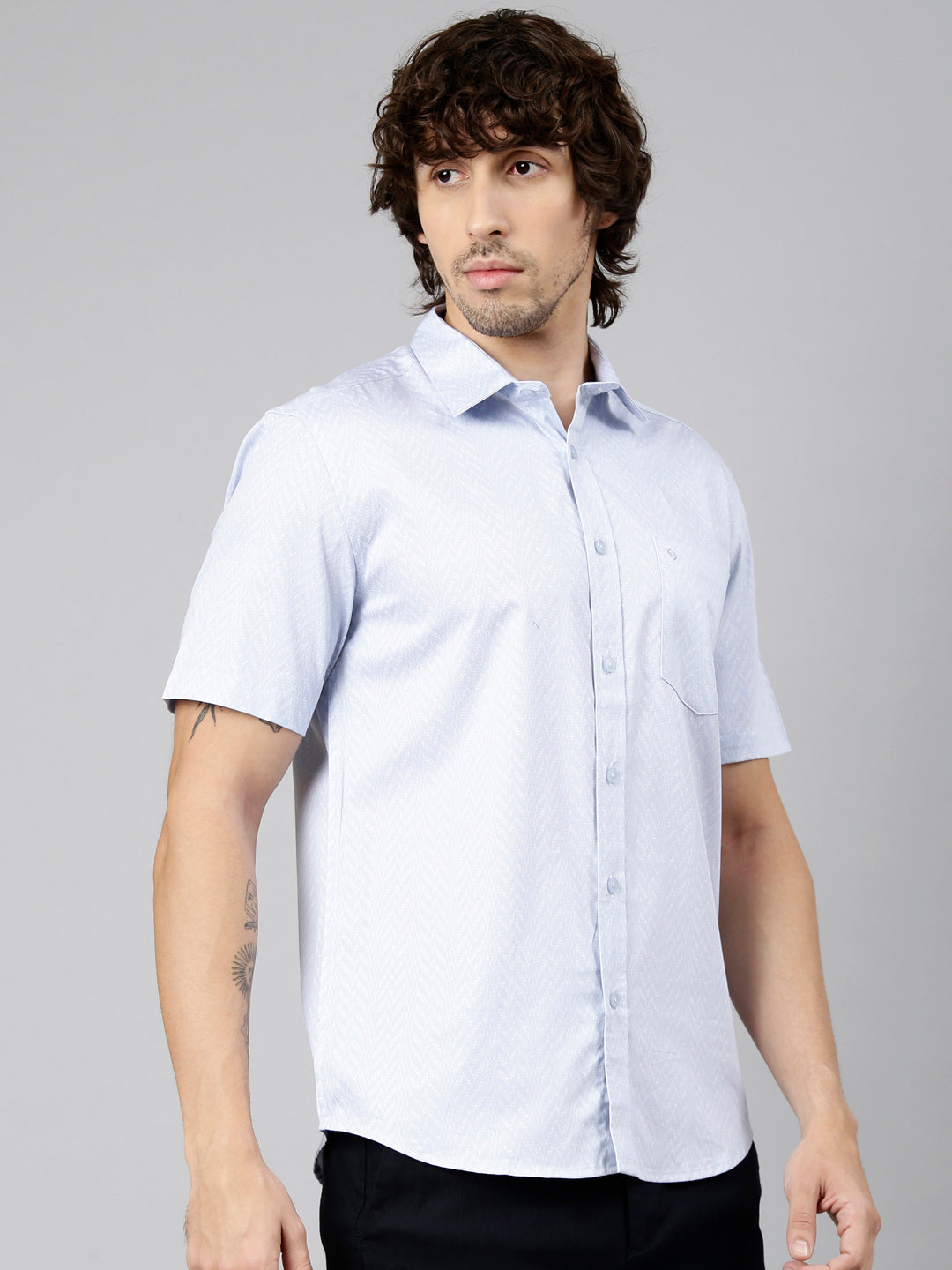 Classic Polo Men's Half Sleeve Light Blue Polo Neck Slim Fit Printed Cotton Casual Shirt | SS1-EL-90 A-HS-PRT-SF