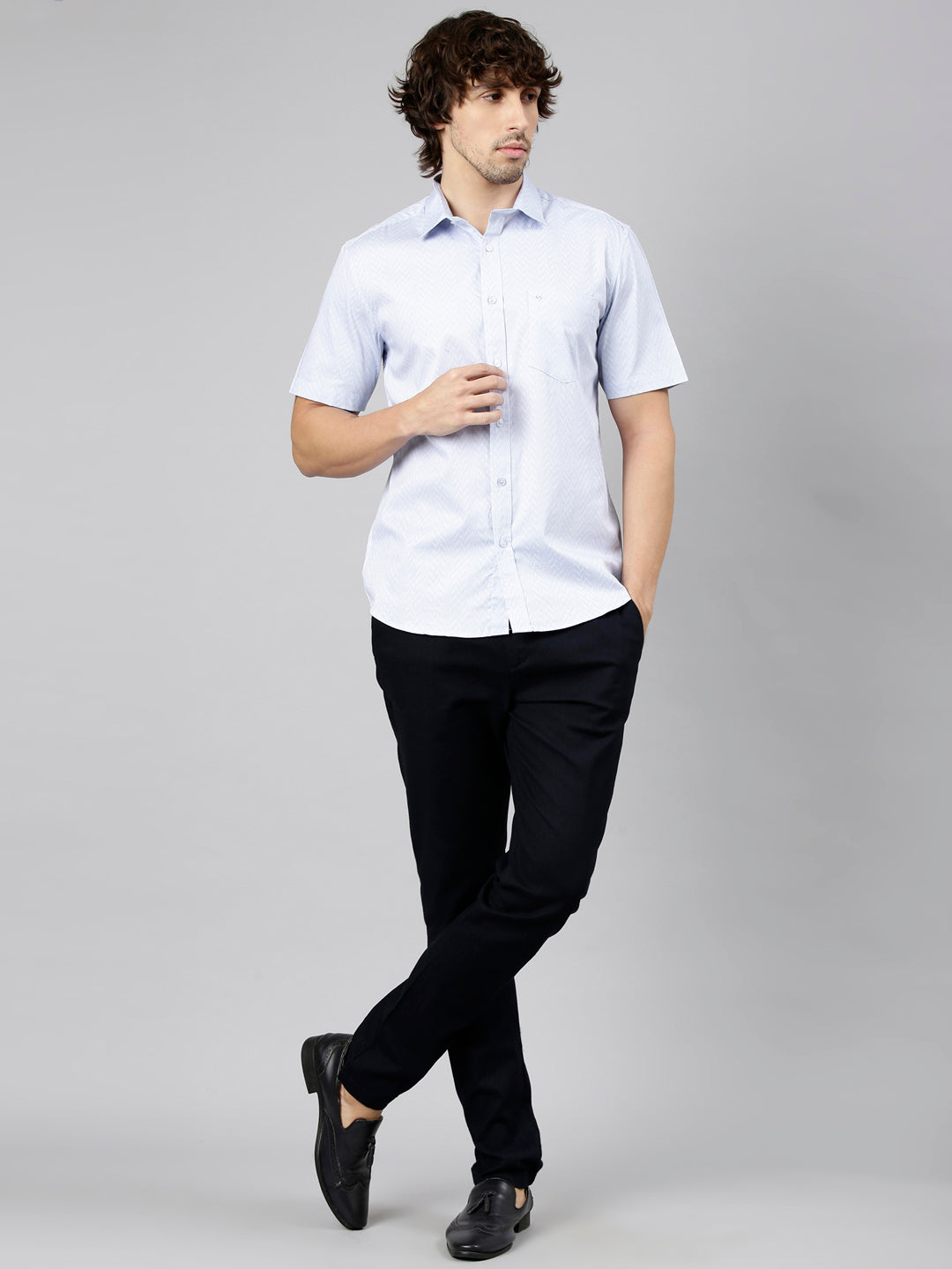 Classic Polo Men's Half Sleeve Light Blue Polo Neck Slim Fit Printed Cotton Casual Shirt | SS1-EL-90 A-HS-PRT-SF