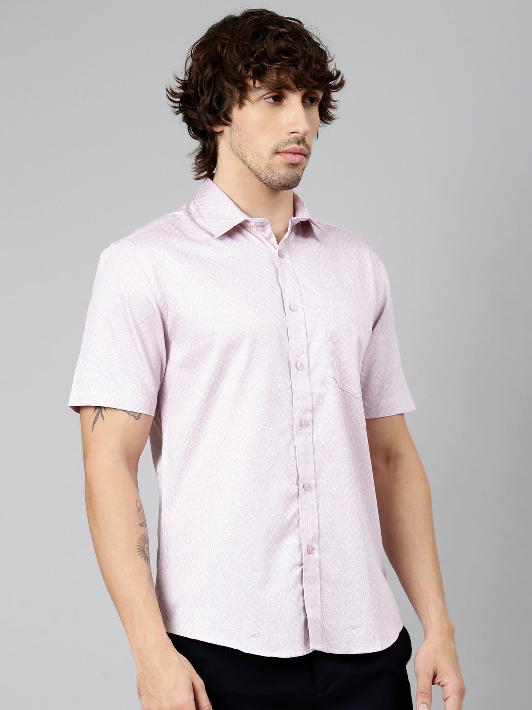 Classic Polo Men's Half Sleeve Light Pink Polo Neck Slim Fit Printed Cotton Casual Shirt | SS1-EL-90 B-HS-PRT-SF