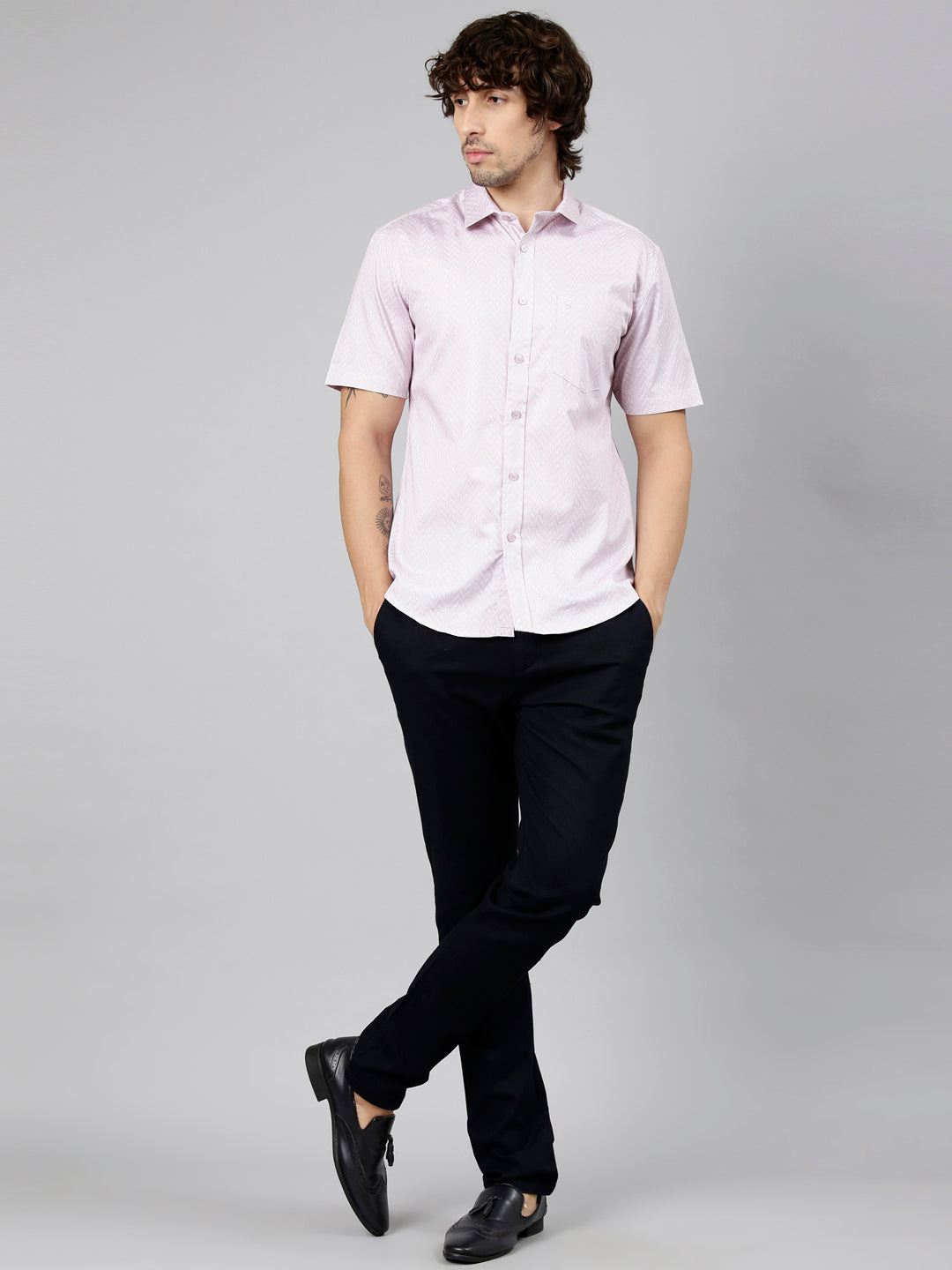 Classic Polo Men's Half Sleeve Light Pink Polo Neck Slim Fit Printed Cotton Casual Shirt | SS1-EL-90 B-HS-PRT-SF
