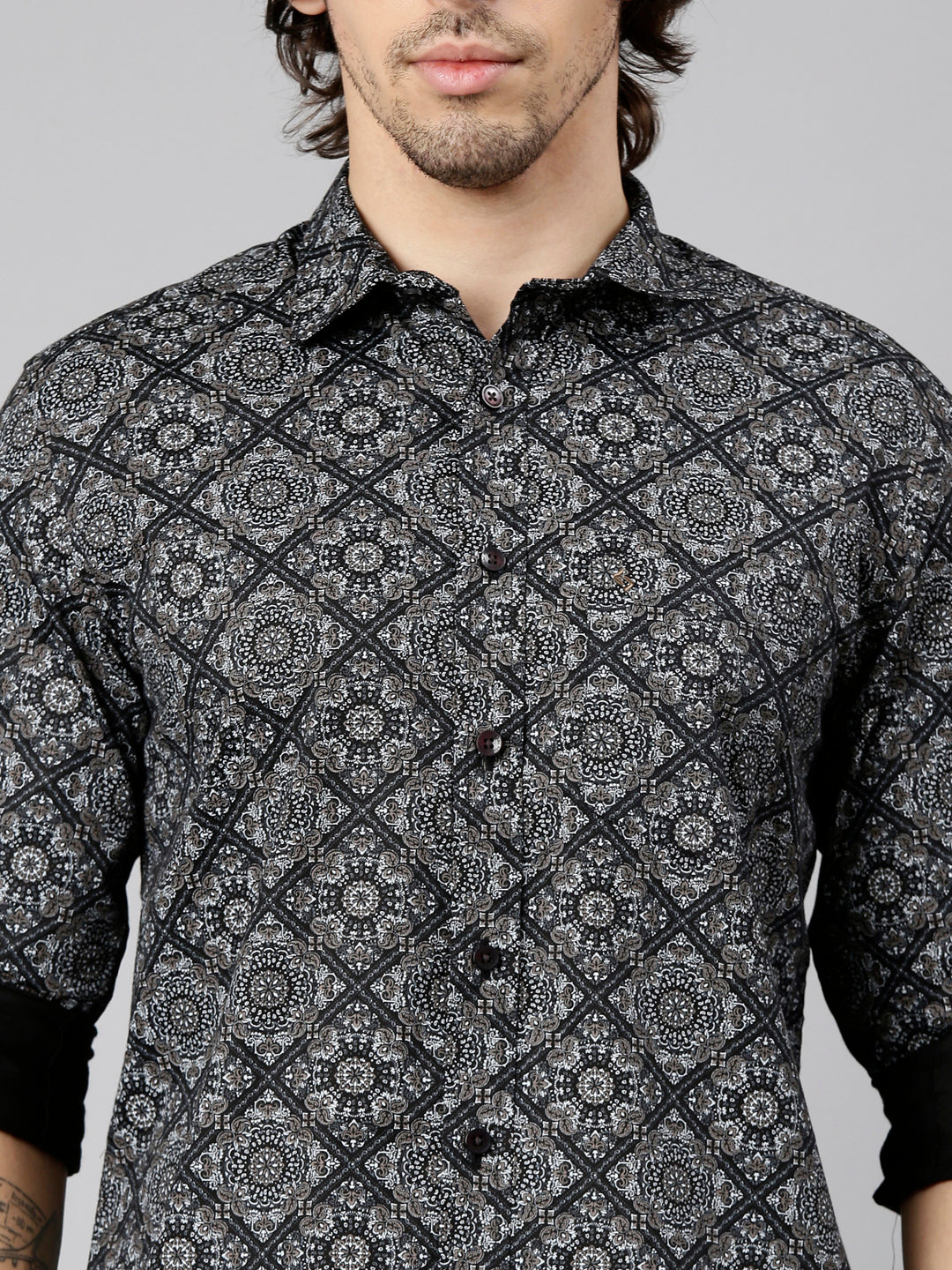Classic Polo Men's Full Sleeve Black Polo Neck Slim Fit Printed Cotton Casual Shirt | SS1-EL-102 A-FS-PRT-SF