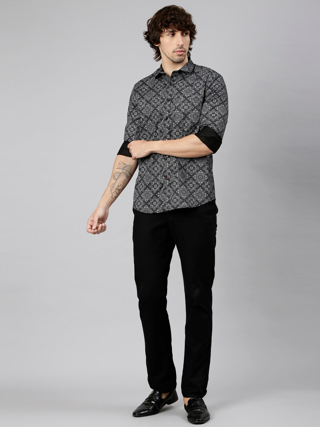 Classic Polo Men's Full Sleeve Black Polo Neck Slim Fit Printed Cotton Casual Shirt | SS1-EL-102 A-FS-PRT-SF