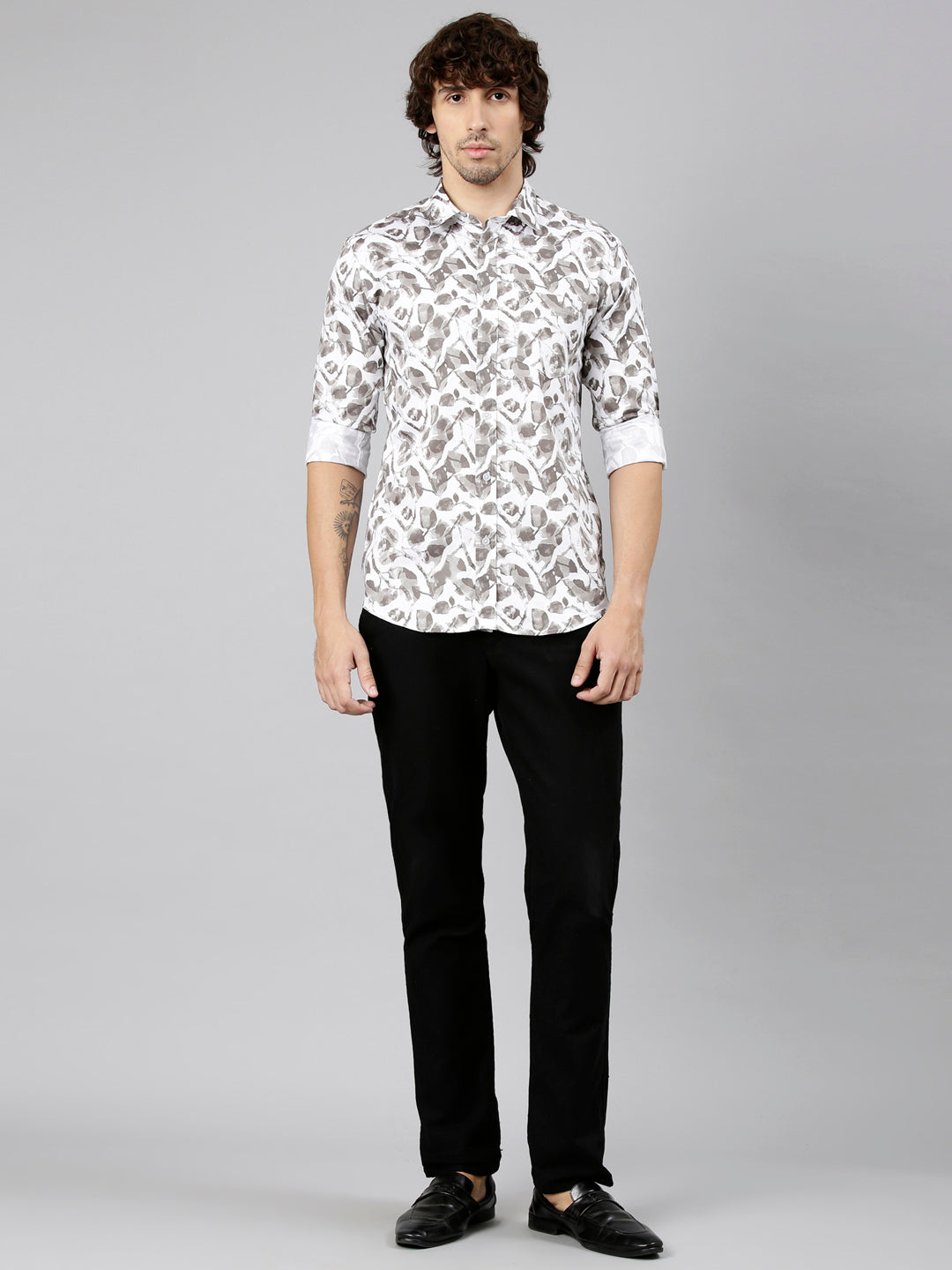 Classic Polo Men's Full Sleeve White Polo Neck Slim Fit Printed Cotton Casual Shirt | SS1-GN-37 A-FS-PRT-SF