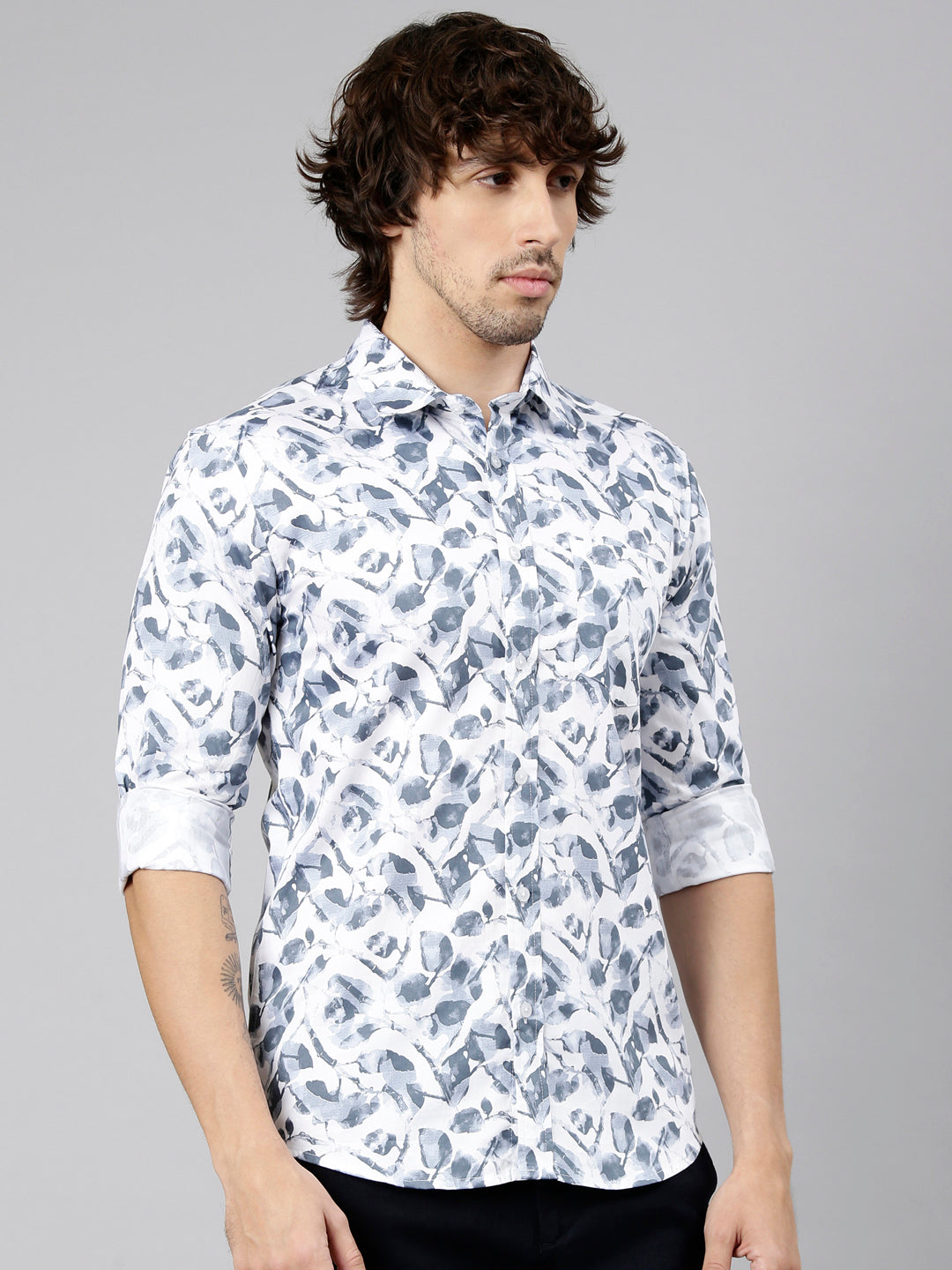 Classic Polo Men's Full Sleeve White Polo Neck Slim Fit Printed Cotton Casual Shirt | SS1-GN-37 B-FS-PRT-SF