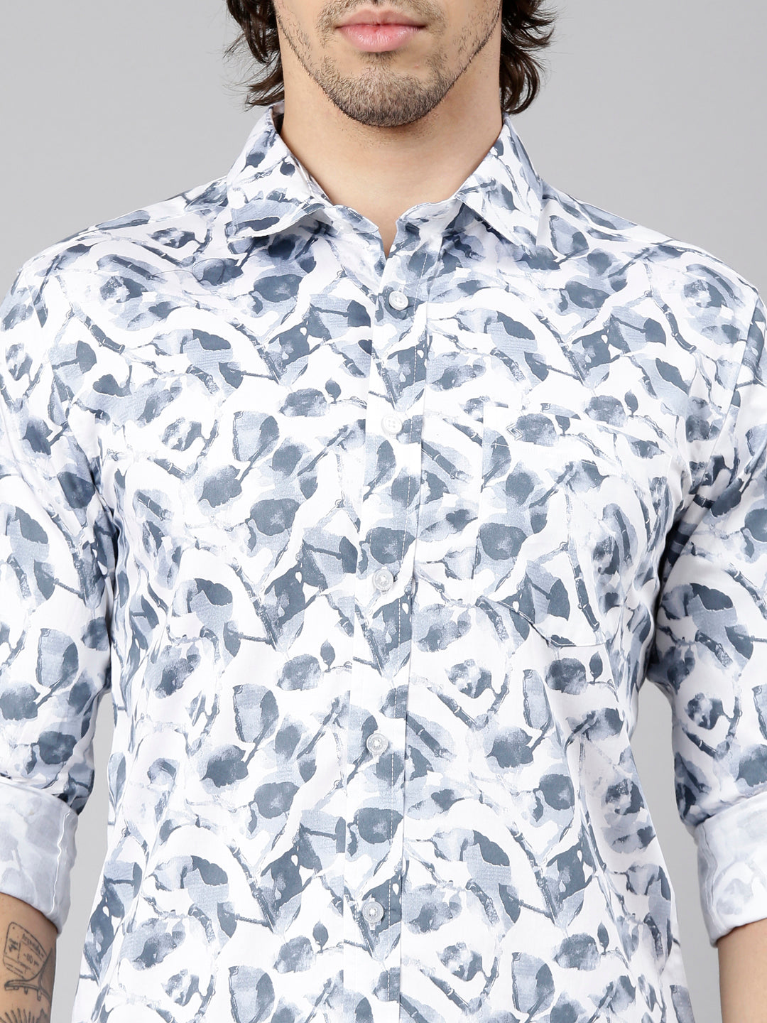 Classic Polo Men's Full Sleeve White Polo Neck Slim Fit Printed Cotton Casual Shirt | SS1-GN-37 B-FS-PRT-SF