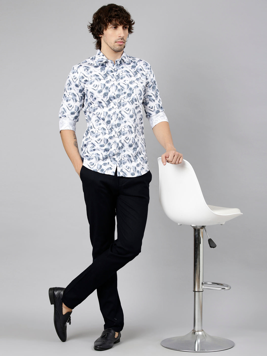 Classic Polo Men's Full Sleeve White Polo Neck Slim Fit Printed Cotton Casual Shirt | SS1-GN-37 B-FS-PRT-SF