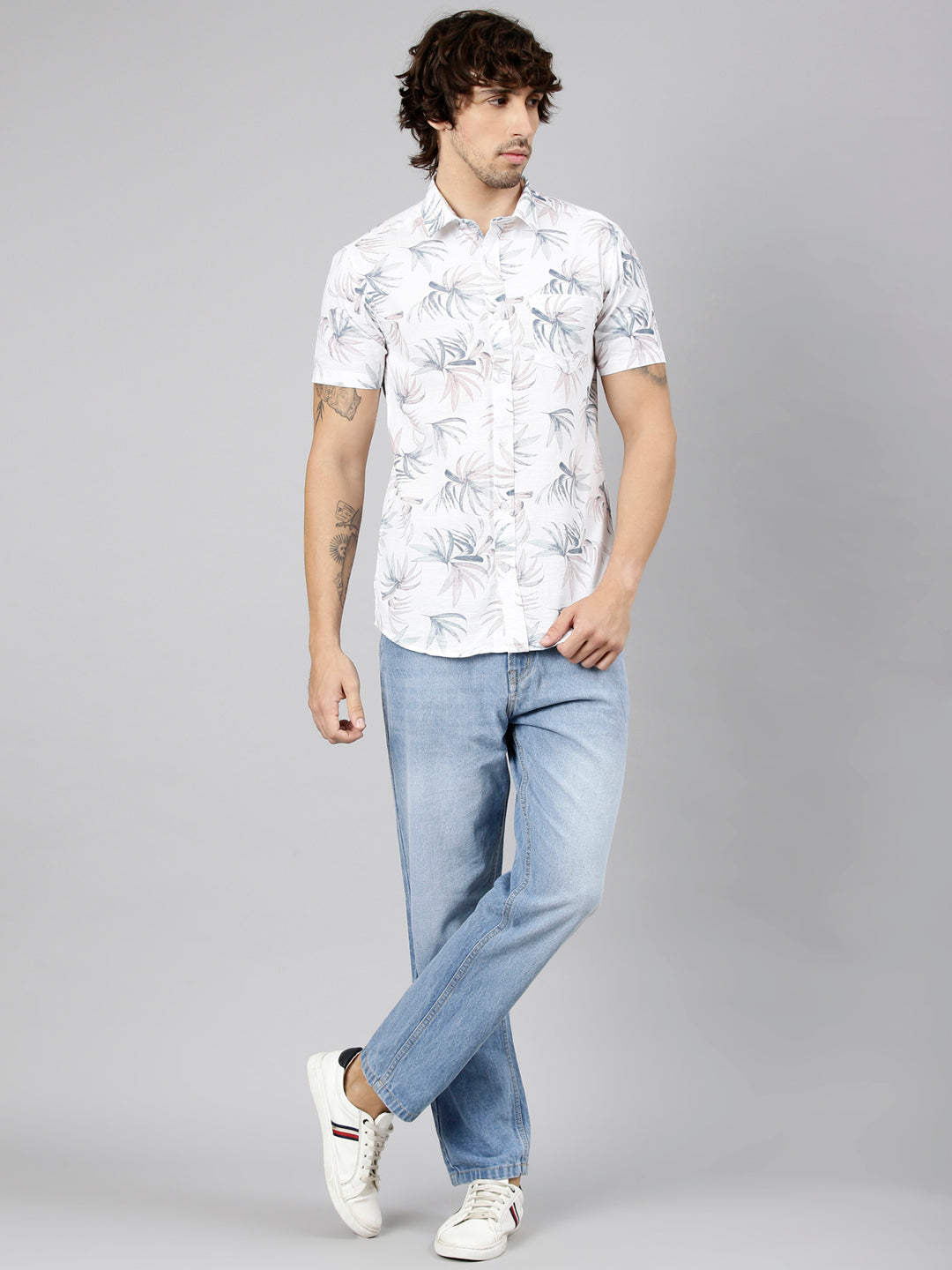 Classic Polo Men's Half Sleeve White Polo Neck Slim Fit Printed Cotton Casual Shirt | SS1-GN-61 C-HS-PRT-SF