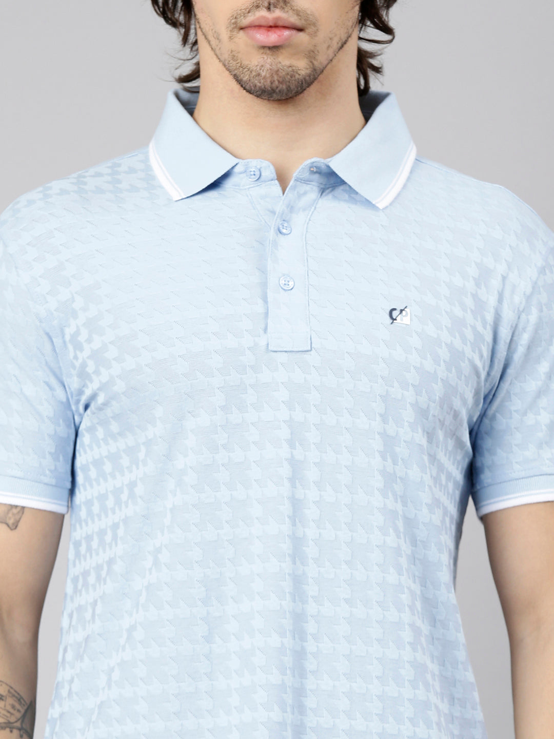 Classic Polo Men's Half Sleeve Light Blue Polo Neck Slim Fit Printed Cotton Blend T-Shirt | TESORO - 01 A SF P