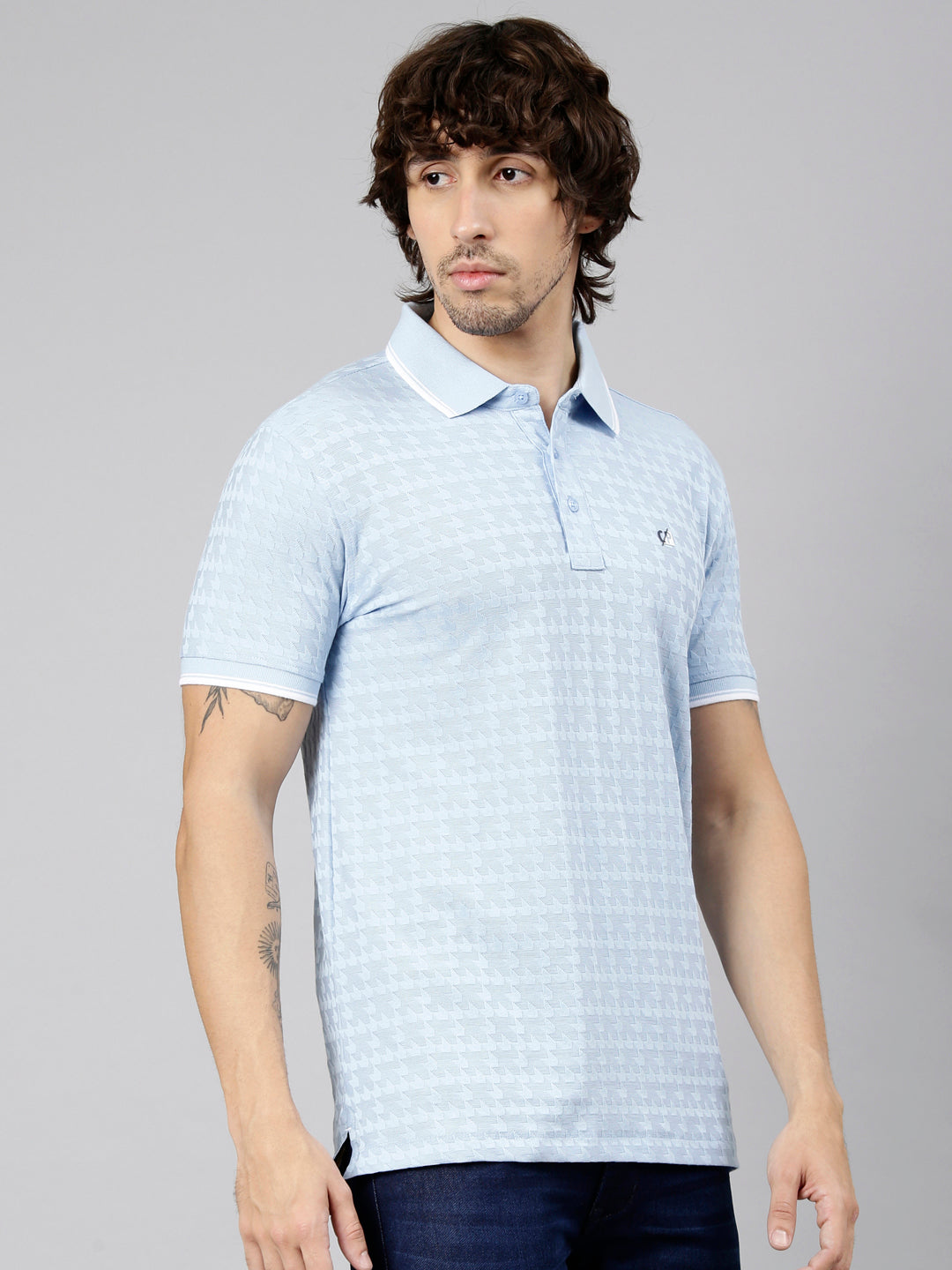 Classic Polo Men's Half Sleeve Light Blue Polo Neck Slim Fit Printed Cotton Blend T-Shirt | TESORO - 01 A SF P