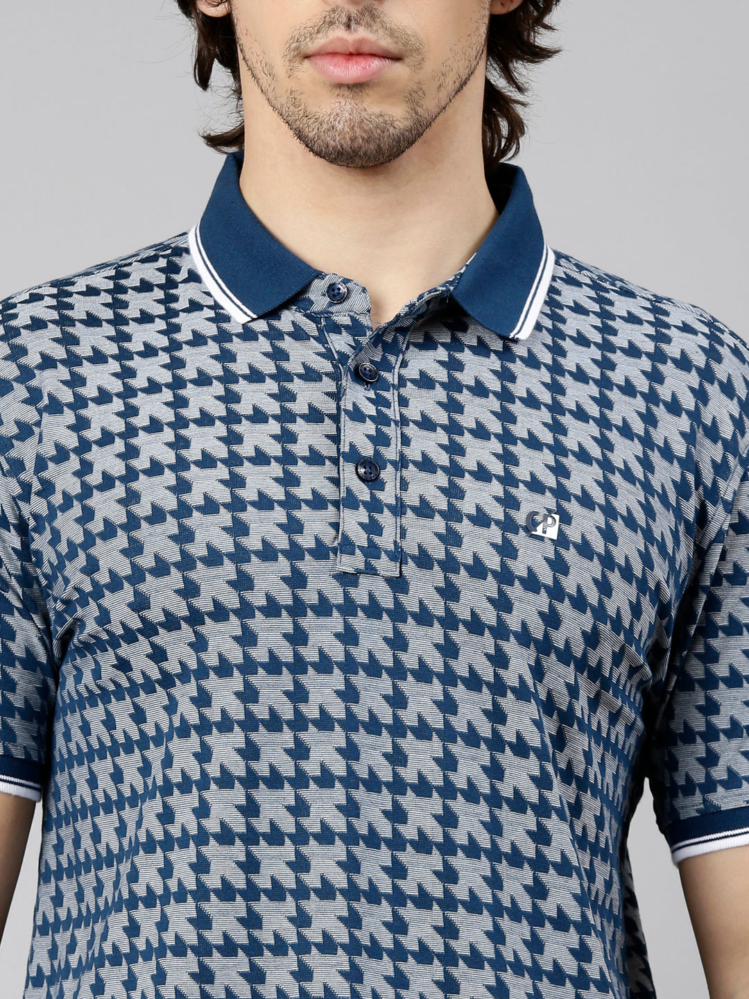 Classic Polo Men's Half Sleeve Navy Blue Polo Neck Slim Fit Printed Cotton Blend T-Shirt | TESORO - 01 B SF P