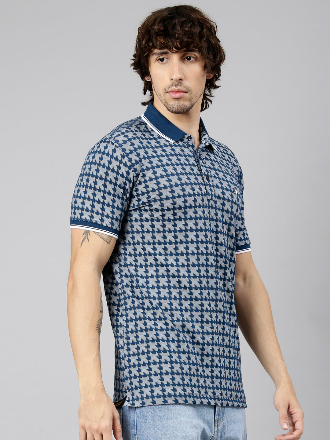 Classic Polo Men's Half Sleeve Navy Blue Polo Neck Slim Fit Printed Cotton Blend T-Shirt | TESORO - 01 B SF P