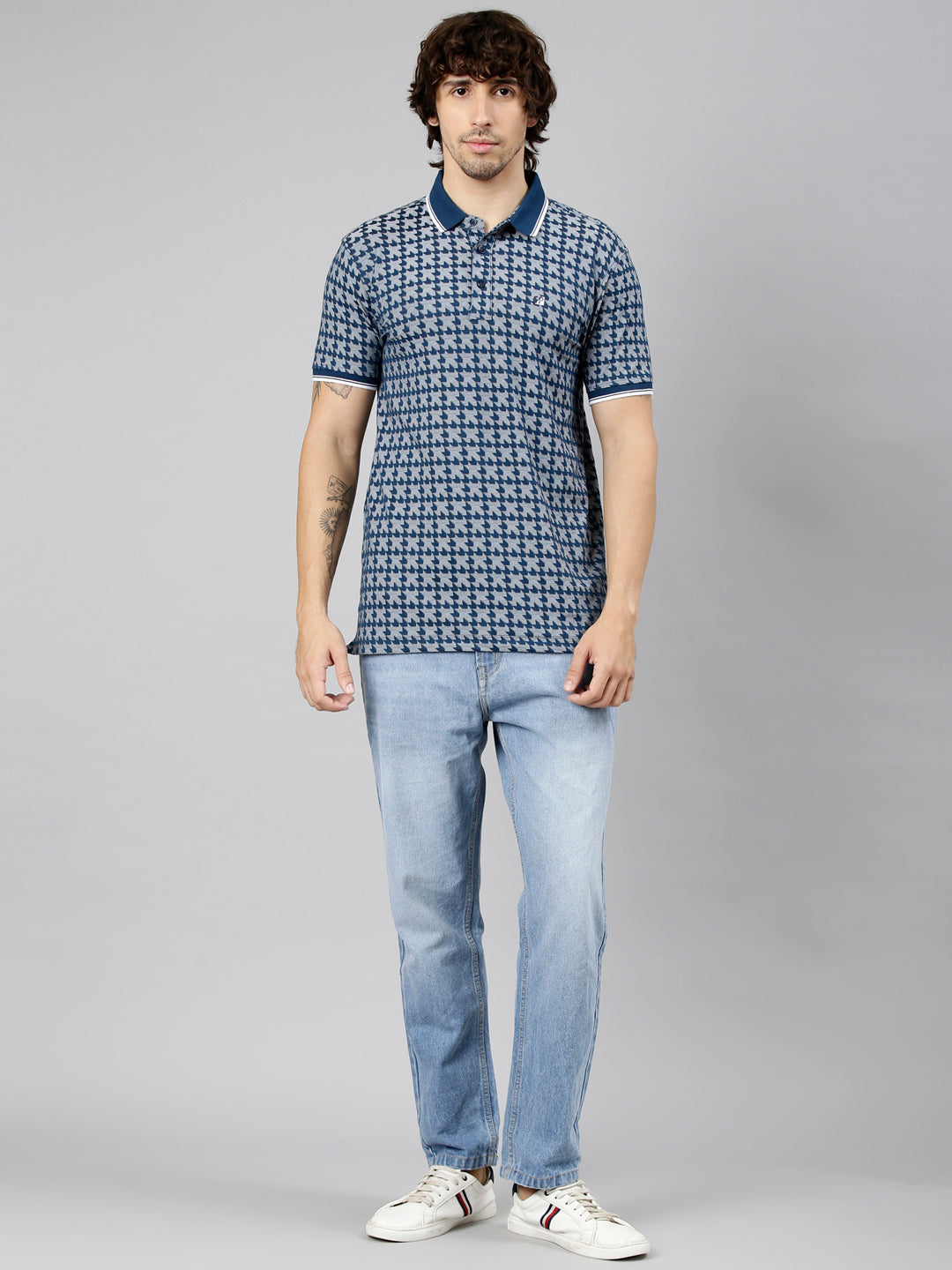 Classic Polo Men's Half Sleeve Navy Blue Polo Neck Slim Fit Printed Cotton Blend T-Shirt | TESORO - 01 B SF P