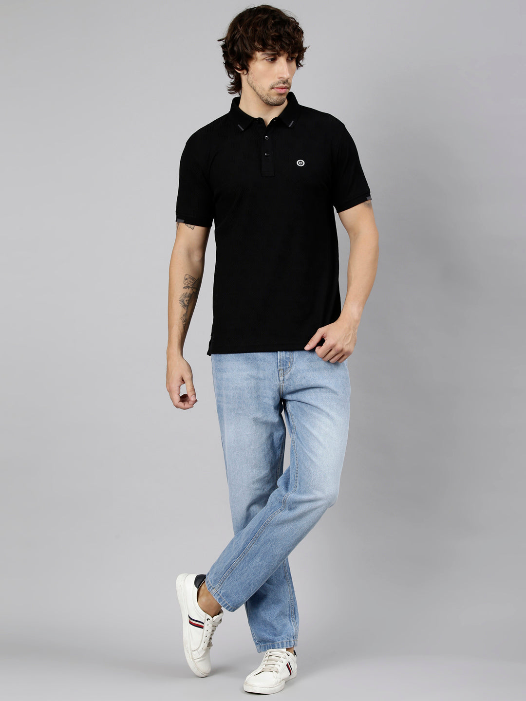 Classic Polo Men's Half Sleeve Black Polo Neck Slim Fit Solid Cotton Blend T-Shirt | TESORO - 05 A SF P