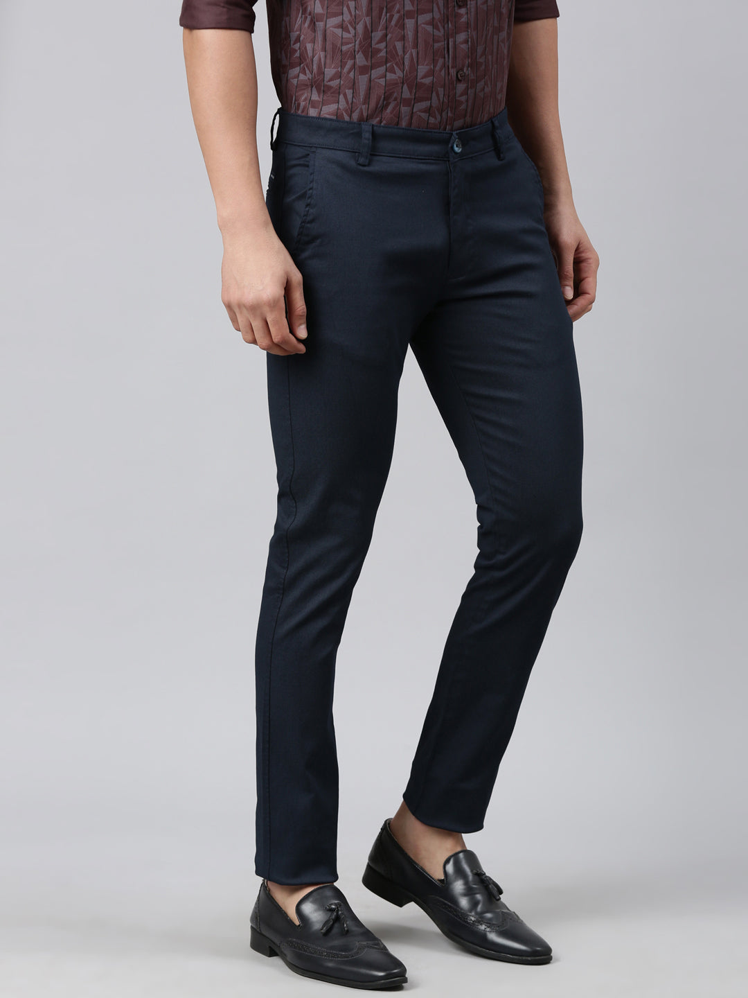 Classic Polo Men's Navy Blue Moderate Fit Solid Cotton Lycra Casual Trouser | TS1-CL-02 A-NVY-MF-LY