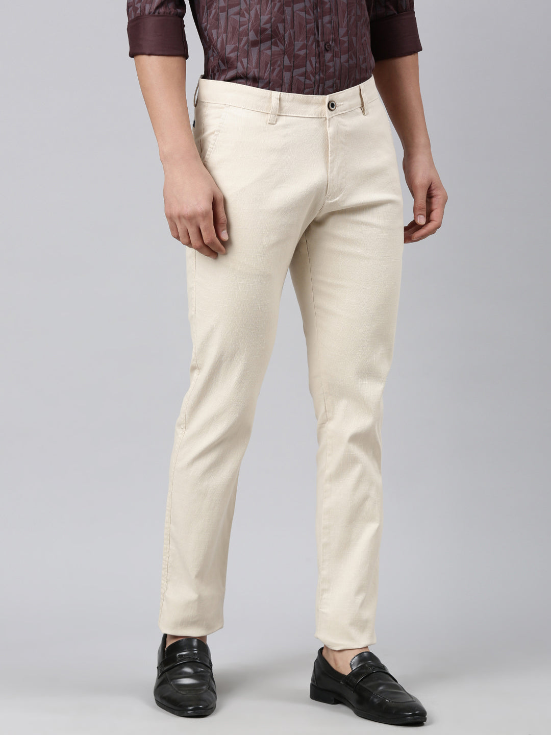 Classic Polo Men's Cream Moderate Fit Solid Cotton Lycra Casual Trouser | TS1-CL-02 B-CRM-MF-LY