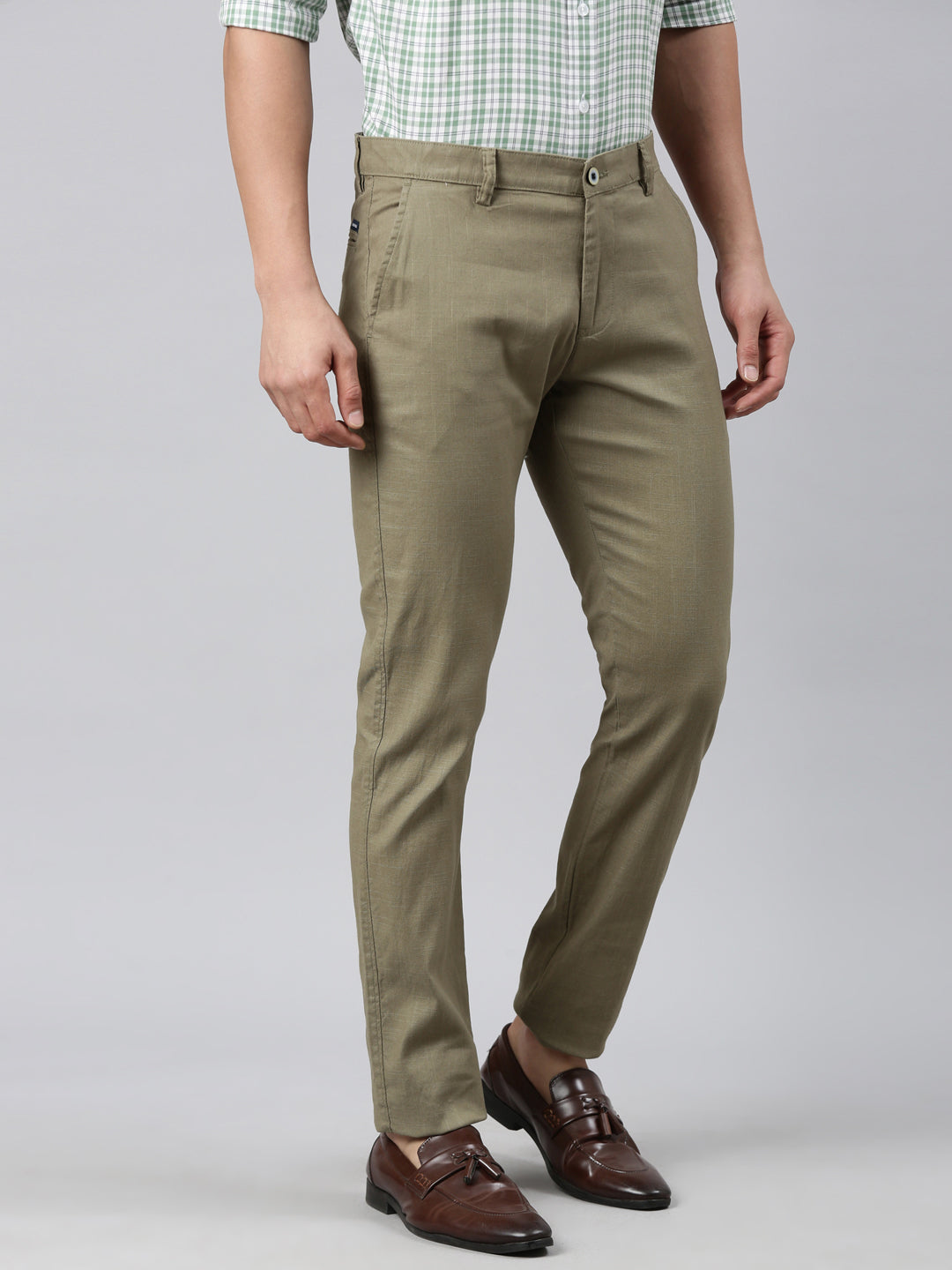 Classic Polo Men's Olive Moderate Fit Solid Cotton Lycra Casual Trouser | TS1-CL-02 D-OLV-MF-LY