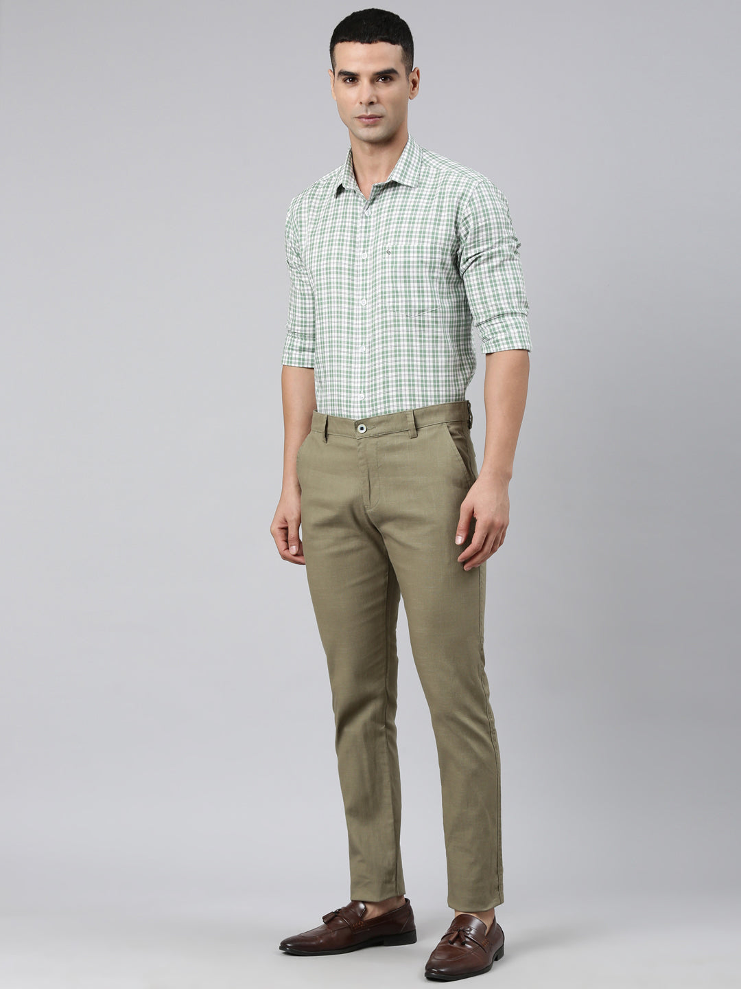 Classic Polo Men's Olive Moderate Fit Solid Cotton Lycra Casual Trouser | TS1-CL-02 D-OLV-MF-LY
