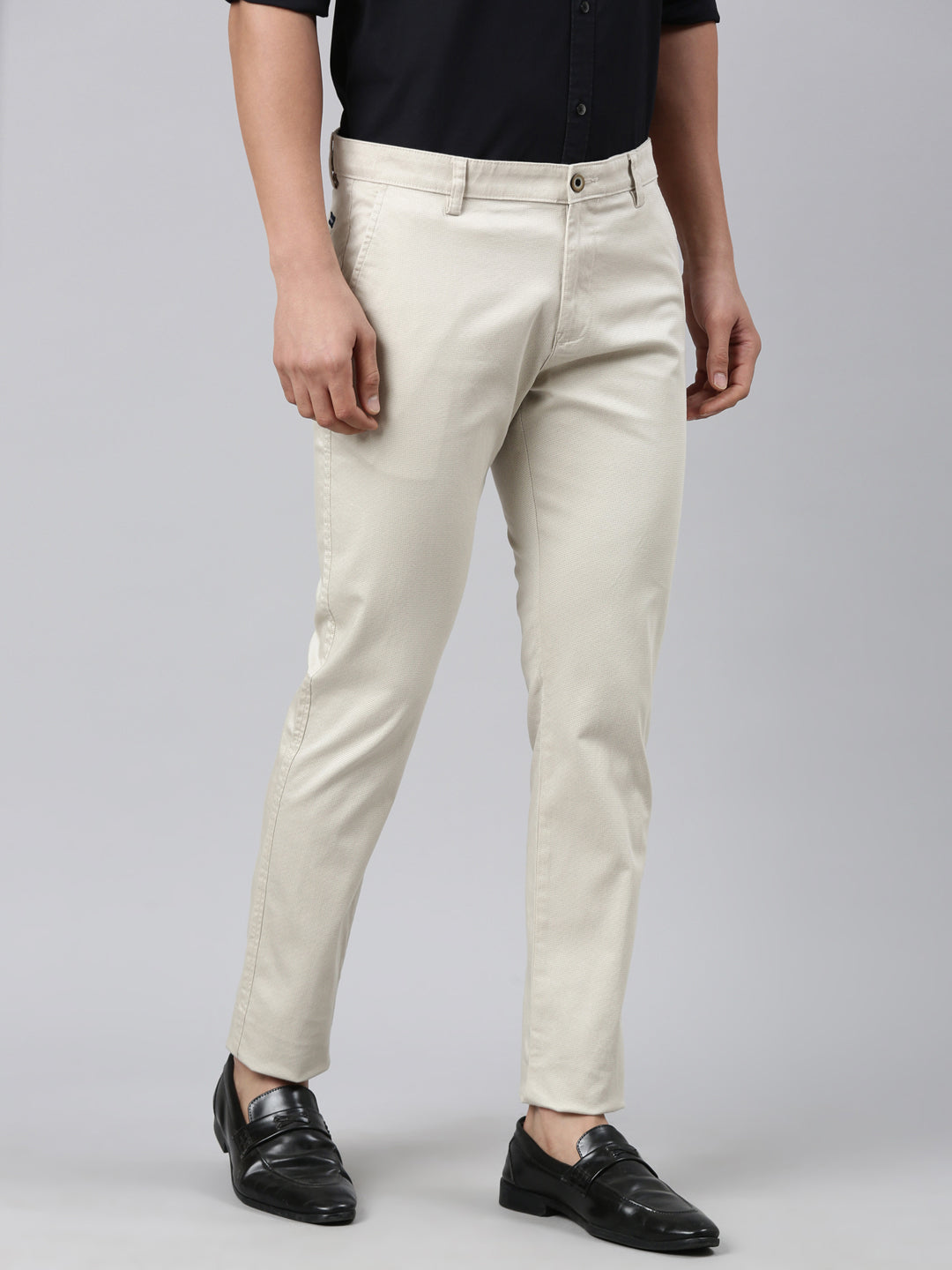 Classic Polo Men's Beige Moderate Fit Solid Cotton Lycra Casual Trouser | TS1-CL-19 A-BEI-MF-LY