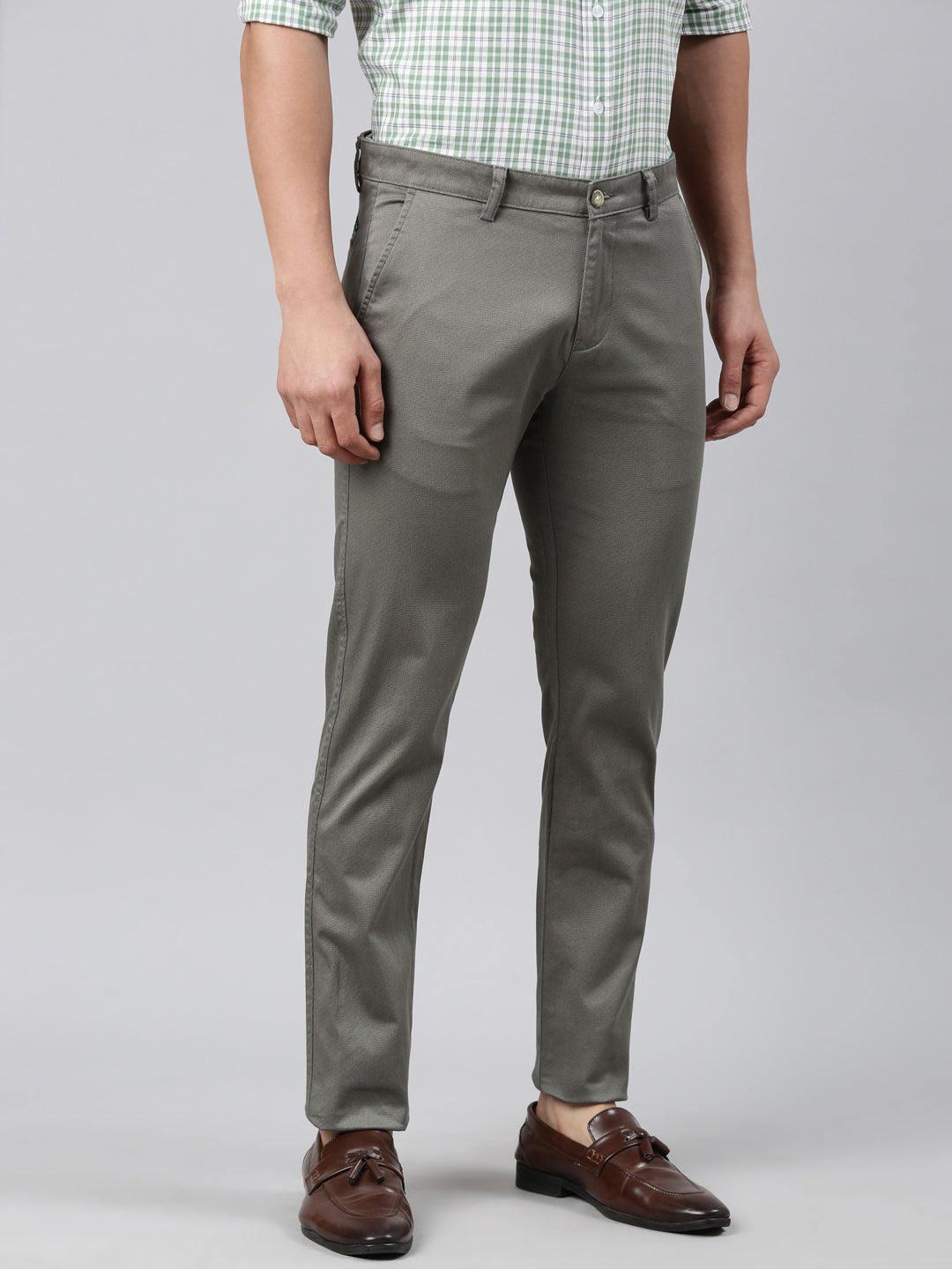 Classic Polo Men's Olive Moderate Fit Solid Cotton Lycra Casual Trouser | TS1-CL-19 C-OLI-MF-LY