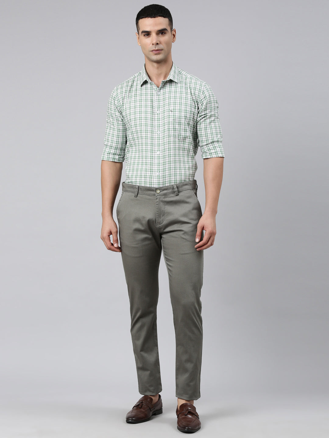Classic Polo Men's Olive Moderate Fit Solid Cotton Lycra Casual Trouser | TS1-CL-19 C-OLI-MF-LY