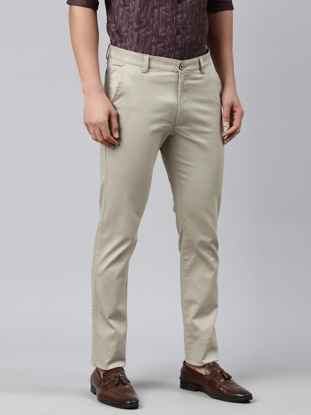 Classic Polo Men's Light Khaki Moderate Fit Solid Cotton Lycra Casual Trouser | TS1-CL-21 A-KHA-MF-LY