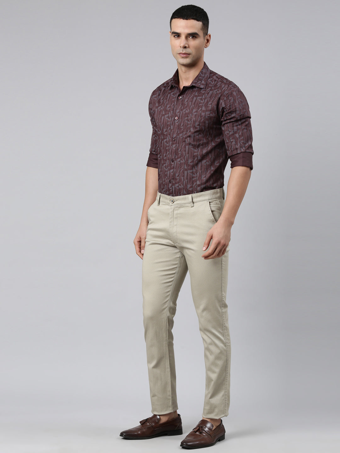Classic Polo Men's Light Khaki Moderate Fit Solid Cotton Lycra Casual Trouser | TS1-CL-21 A-KHA-MF-LY