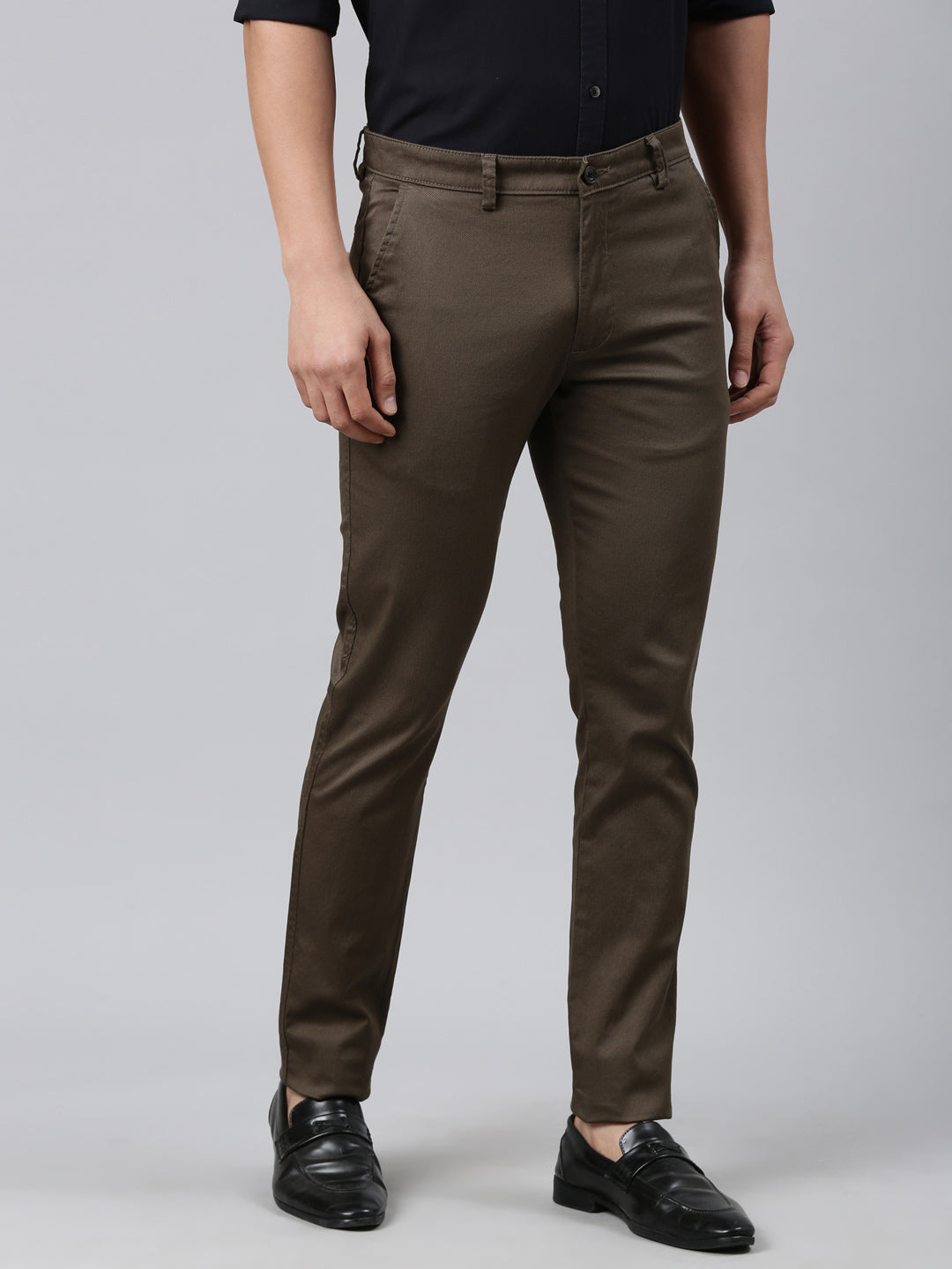 Classic Polo Men's Dark Olive Moderate Fit Solid Cotton Lycra Casual Trouser | TS1-CL-21 B-OLI-MF-LY