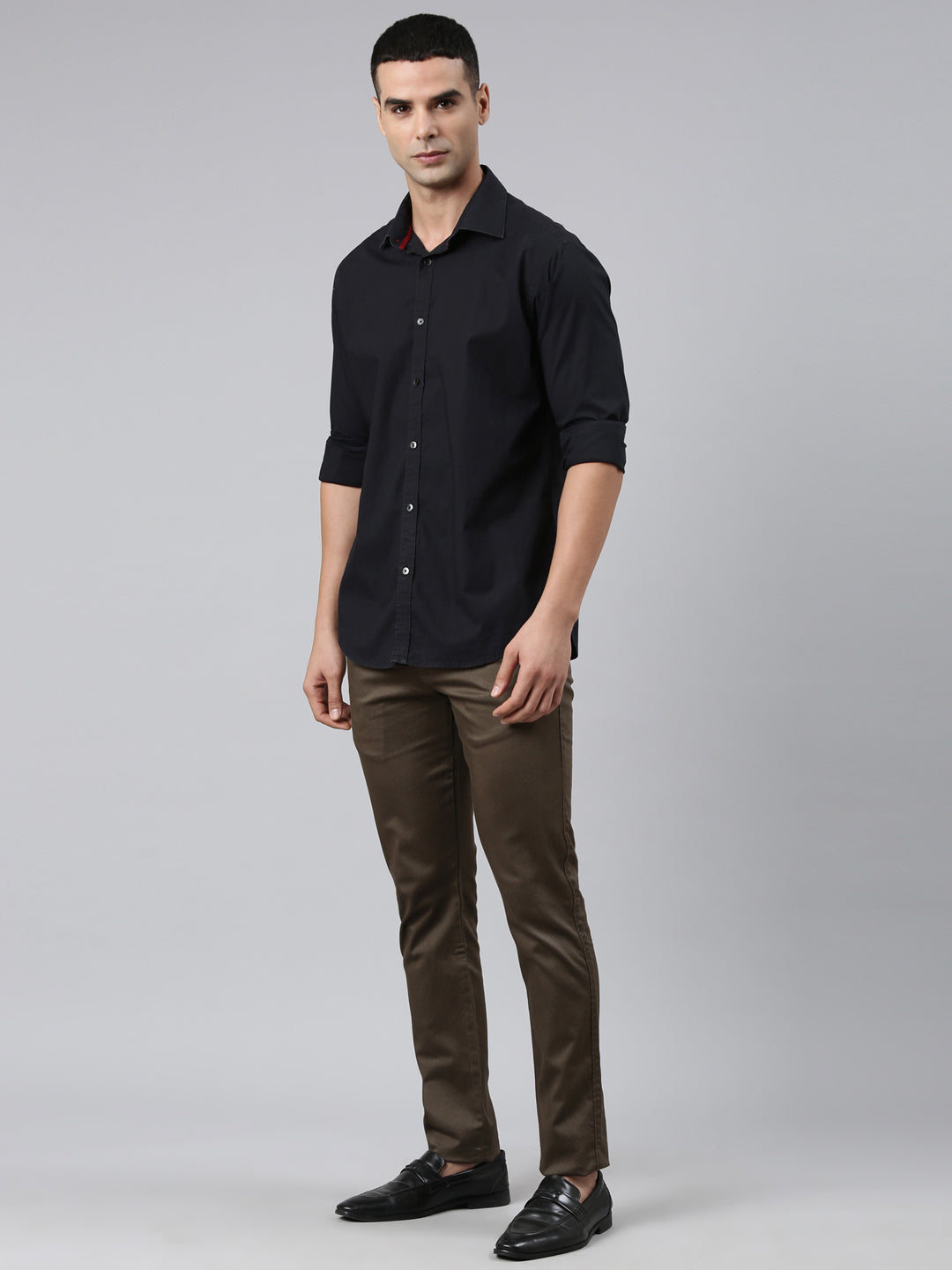 Classic Polo Men's Dark Olive Moderate Fit Solid Cotton Lycra Casual Trouser | TS1-CL-21 B-OLI-MF-LY