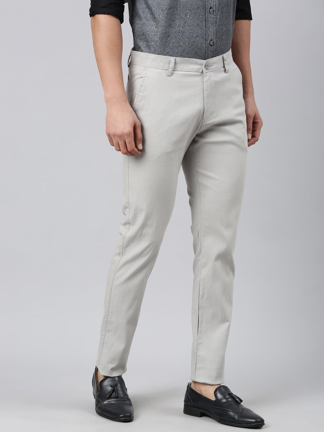 Classic Polo Men's Grey Moderate Fit Solid Cotton Lycra Casual Trouser | TS1-EL-01 B-GRY-MF-LY