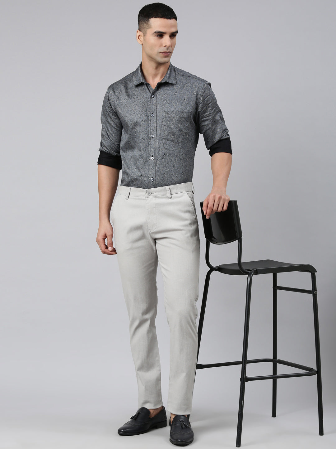 Classic Polo Men's Grey Moderate Fit Solid Cotton Lycra Casual Trouser | TS1-EL-01 B-GRY-MF-LY