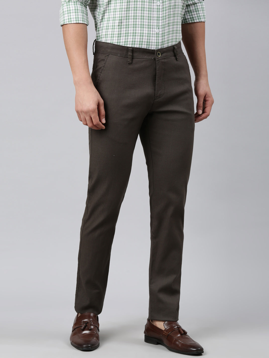 Classic Polo Men's Dark Olive Moderate Fit Solid Cotton Lycra Casual Trouser | TS1-EL-01 C-D.OLV-MF-LY