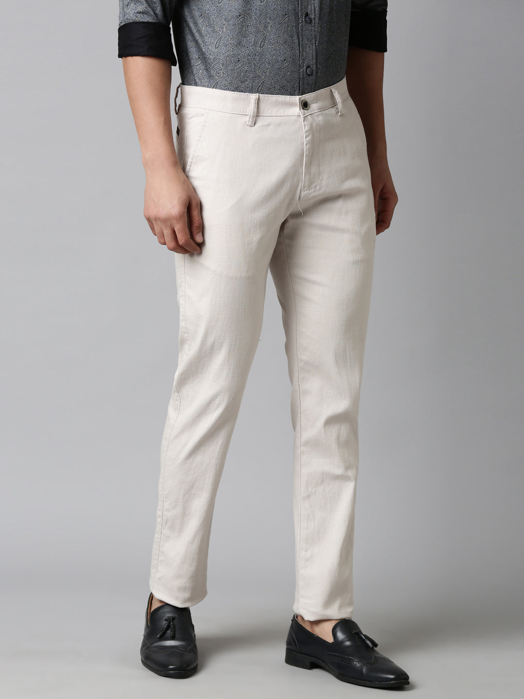 Classic Polo Men's White Moderate Fit Solid Cotton Lycra Casual Trouser | TS1-EL-01 E-WHT-MF-LY
