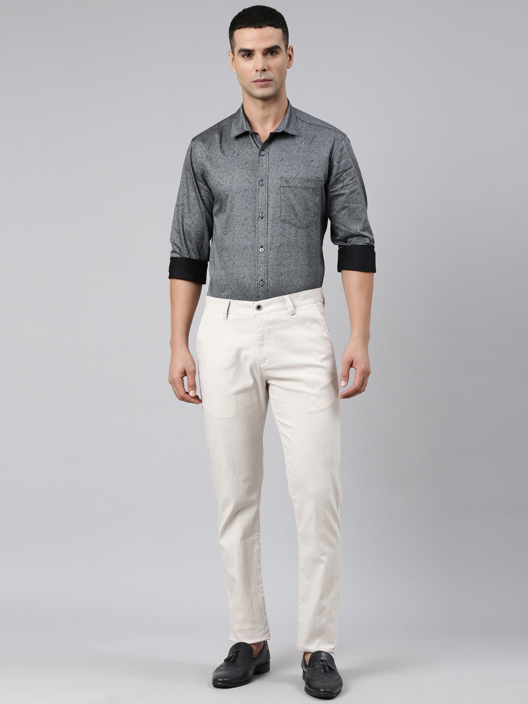 Classic Polo Men's White Moderate Fit Solid Cotton Lycra Casual Trouser | TS1-EL-01 E-WHT-MF-LY