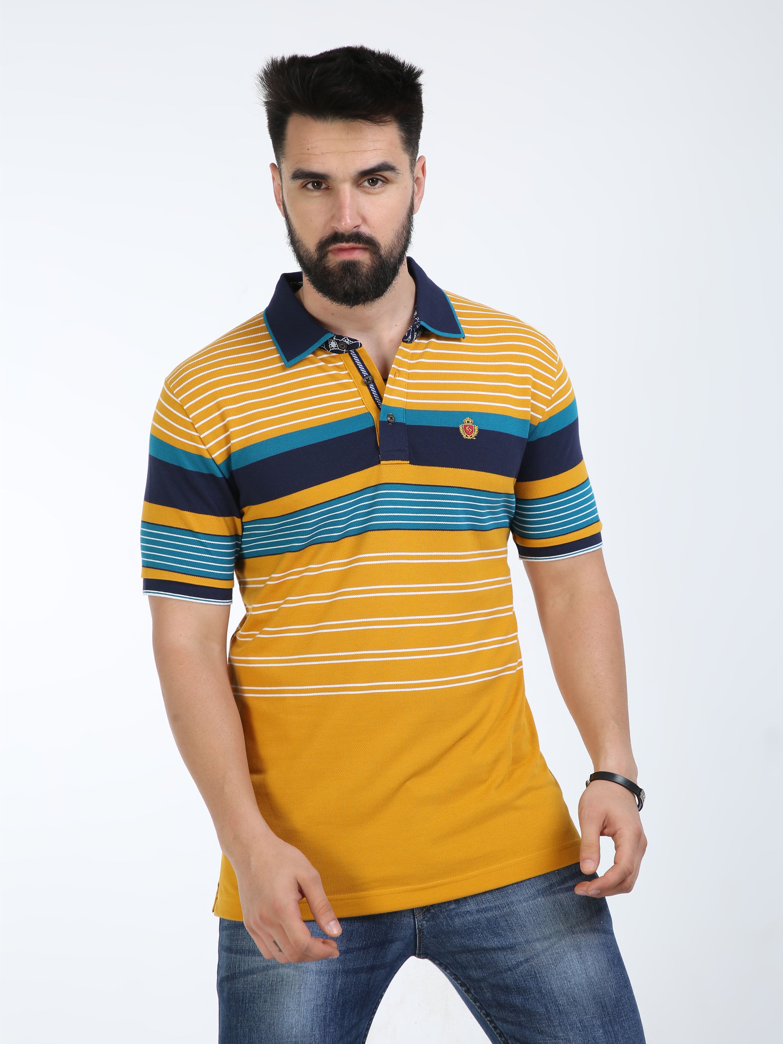 Classic Polo Mens Cotton Half Sleeves Striped Slim Fit Polo Neck Yellow Color T-Shirt | Vta - 244 B Sf P