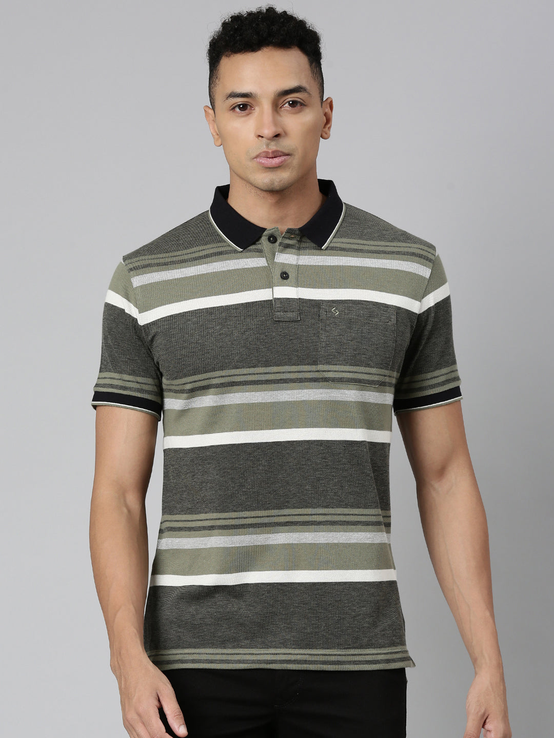 Classic Polo Men's Polo Neck Cotton Olive Green/Black Slim Fit Striped T-Shirt | ADORE-222 B SF P