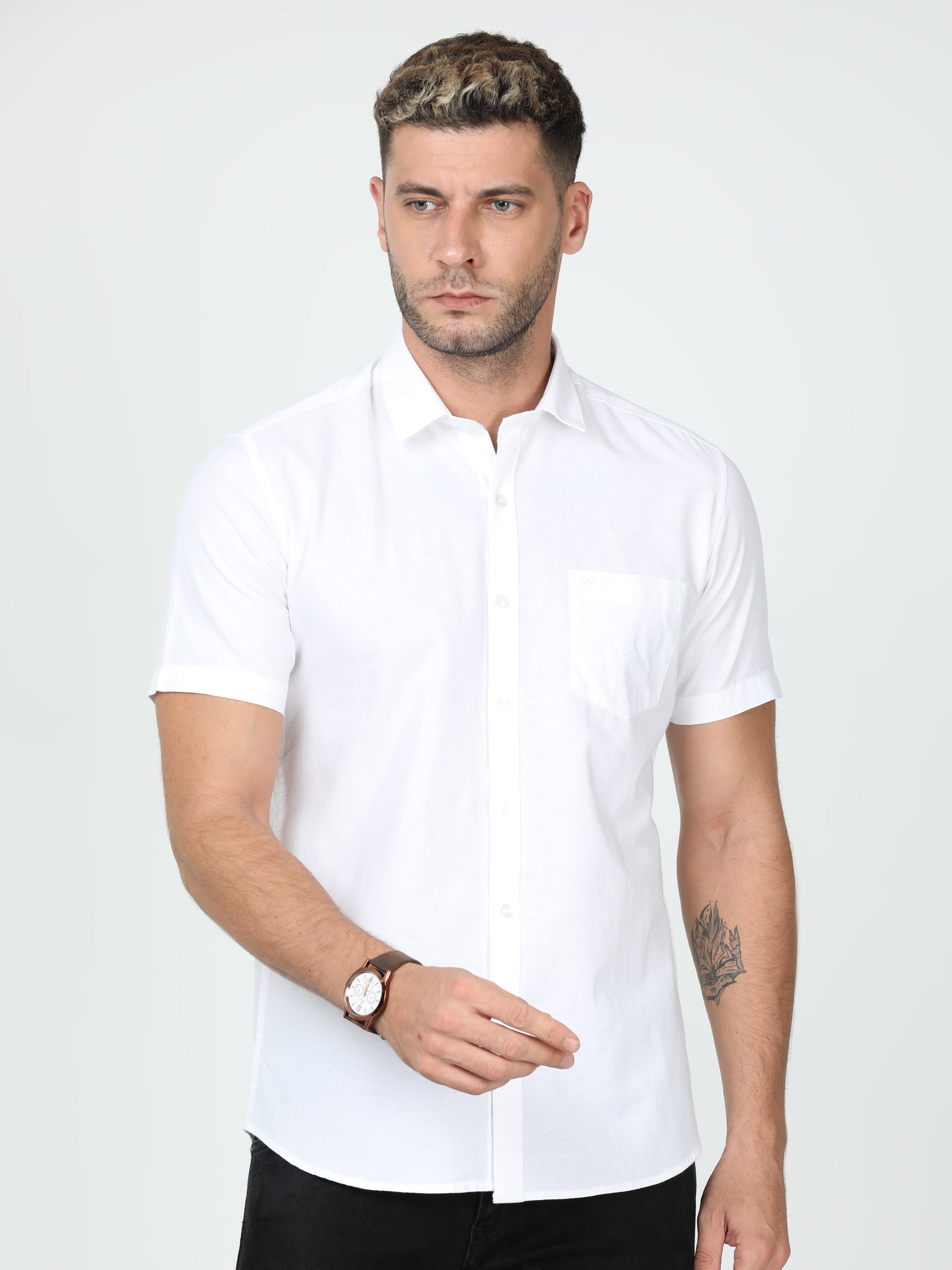 Classic Polo Mens Linen Cotton Half Sleeve Slim Fit Polo Neck White Color Woven Shirt | Linen - 12 A-HS-SLD-SF